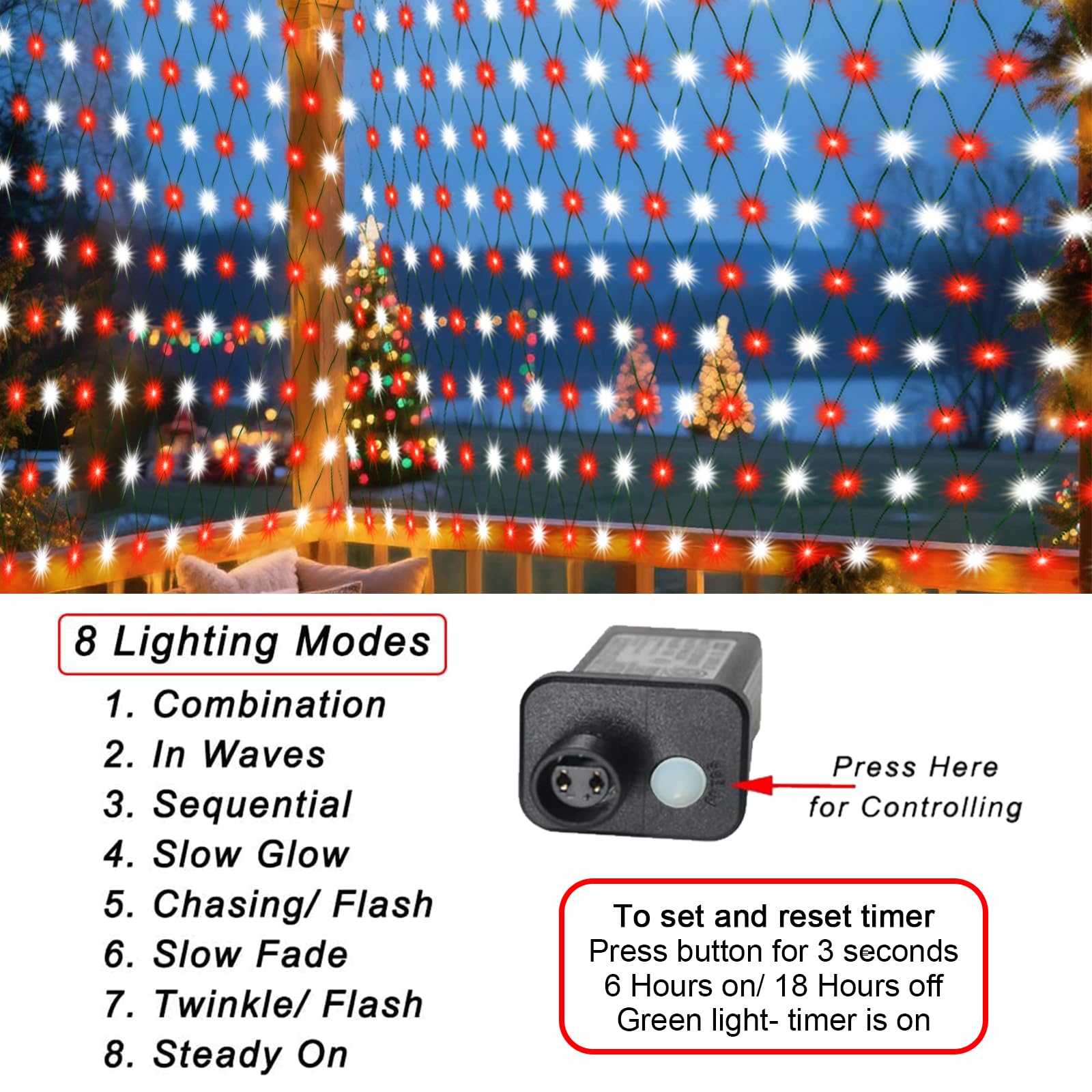 Pooqla Christmas Net Lights, 300 LED Outdoor Fairy String Lights, 14.8x4.9 ft, Green Wire, Waterproof, Red and White
