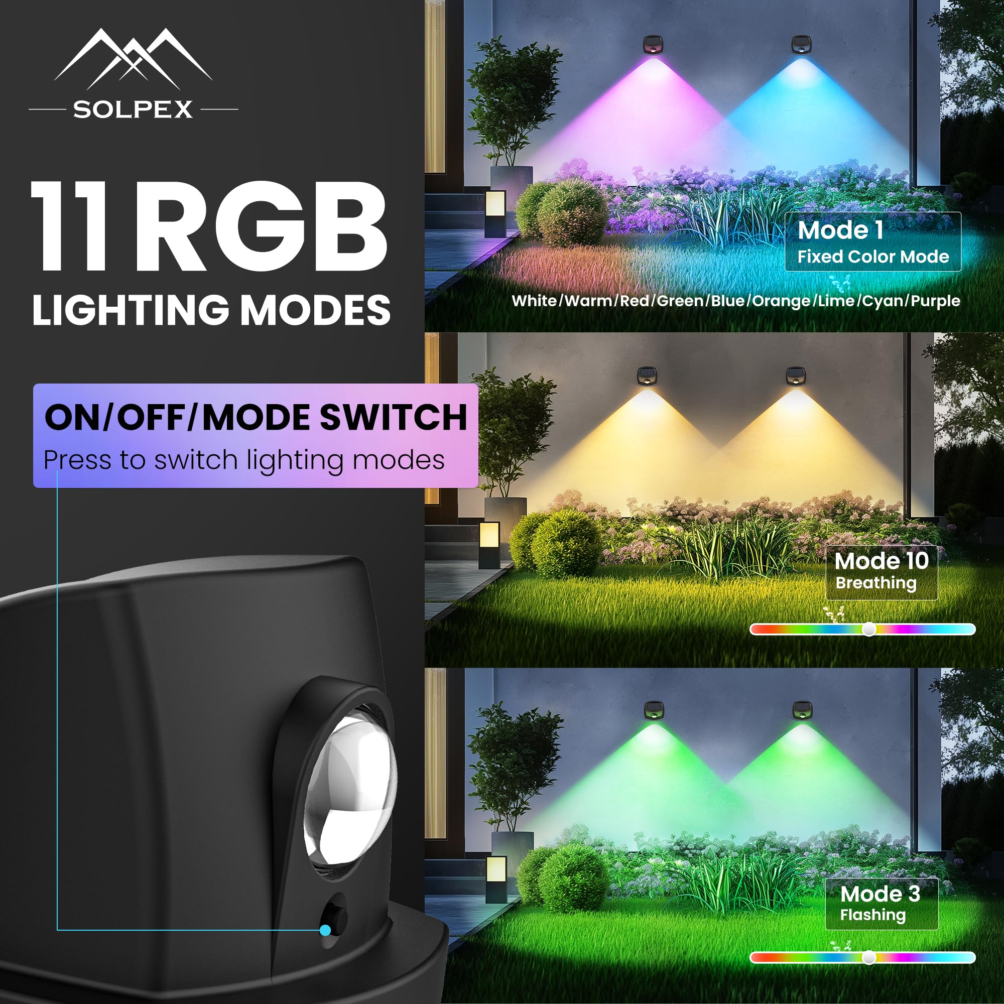 Solpex Solar Lights Outdoor Waterproof Ip65  Solar Stair Lights Outdoor For Fence  Deck  Step  Rgb Multicolor Led 11 Lighting Modes House Wall Light For Porch  Backyard  Fence  Garden Decor-8 Pack