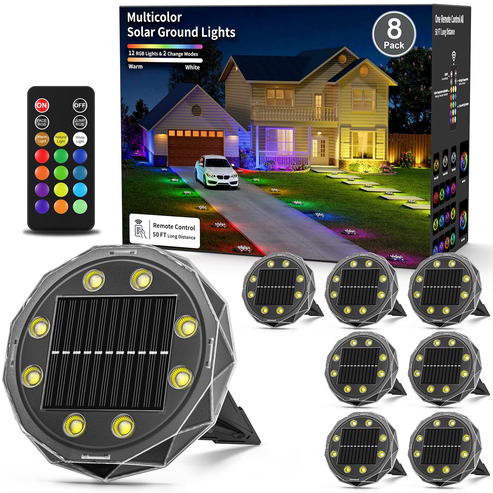 Hicotet Solar Ground Lights, 15 Multi Color IP67 Waterproof, 8 Pack, Black, Model LNM-CPD-01, Remote Control, Outdoor Landscape Lighting