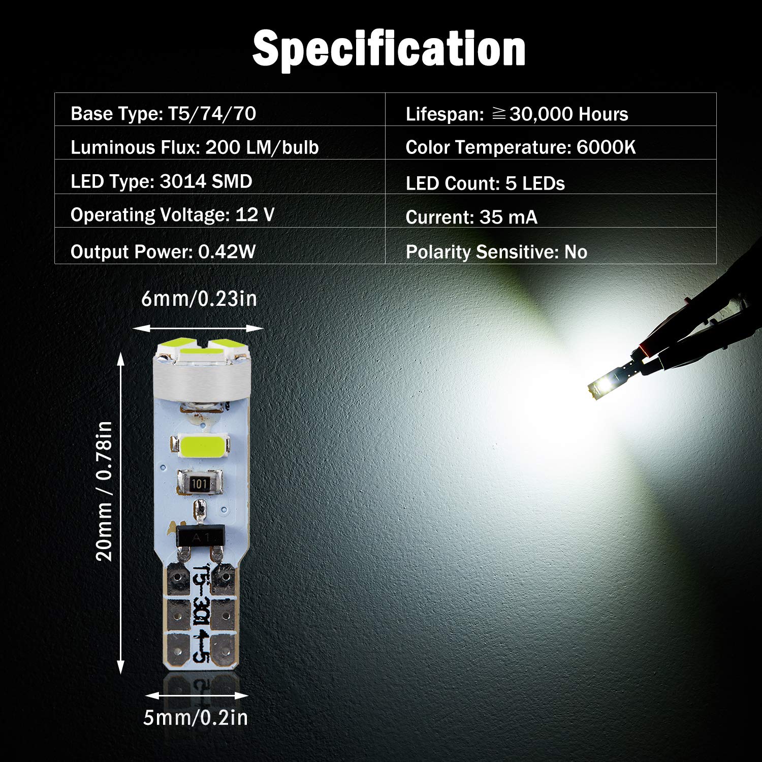 BRISHINE T5 LED Bulbs 10X Xenon White 3014 Chipsets for Car Interior Gauge Cluster, Dashboard, and AC Lights