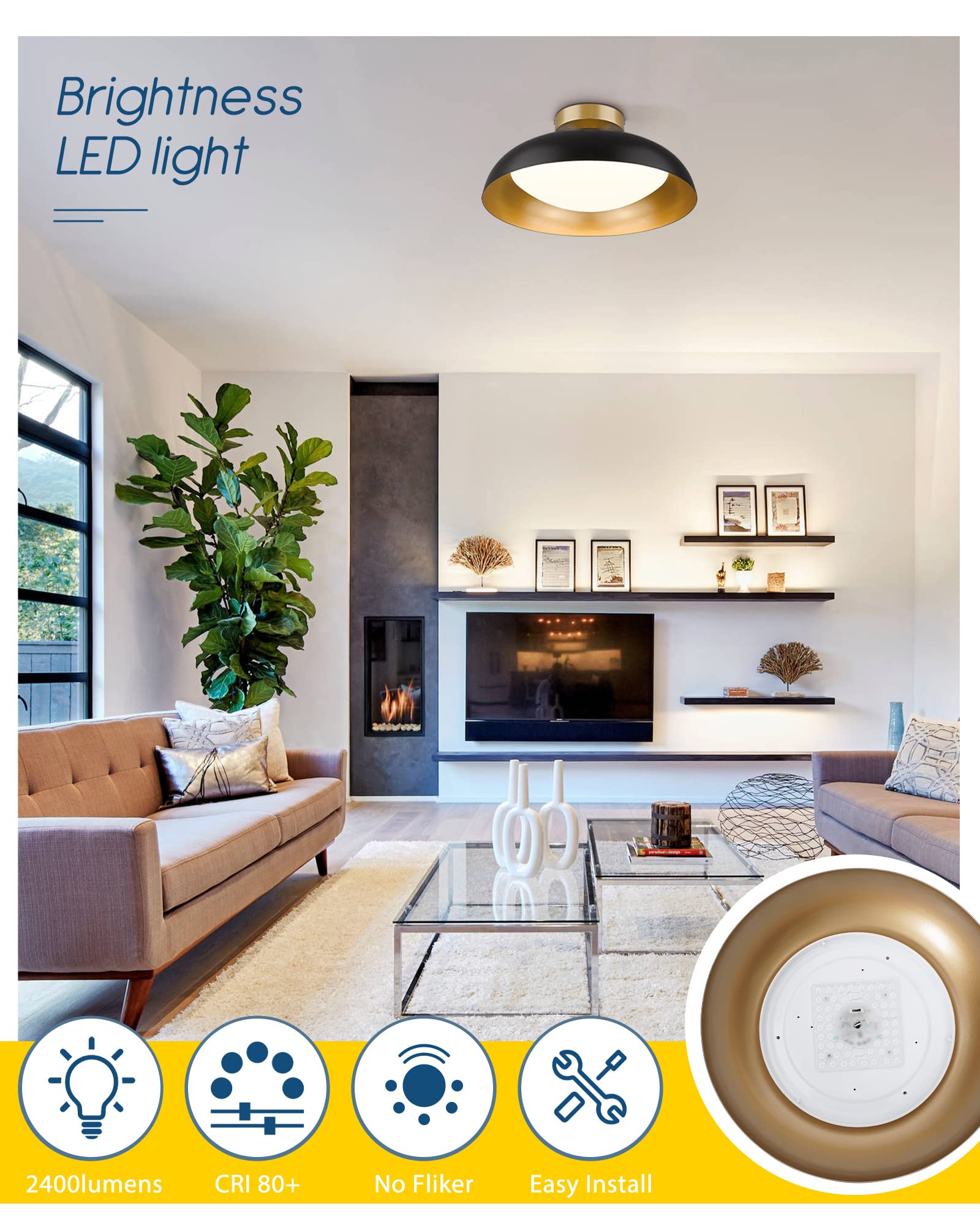 Kudos Flush Mount Ceiling Light, 16-Inch Led Ceiling Light Fixture, Black And Gold Finish, 24W 2400Lm Light Fixtures For Living Room, Kitchen, Bedroom, Hallway, 5Cct Adjustable, Kdcl02-Bk