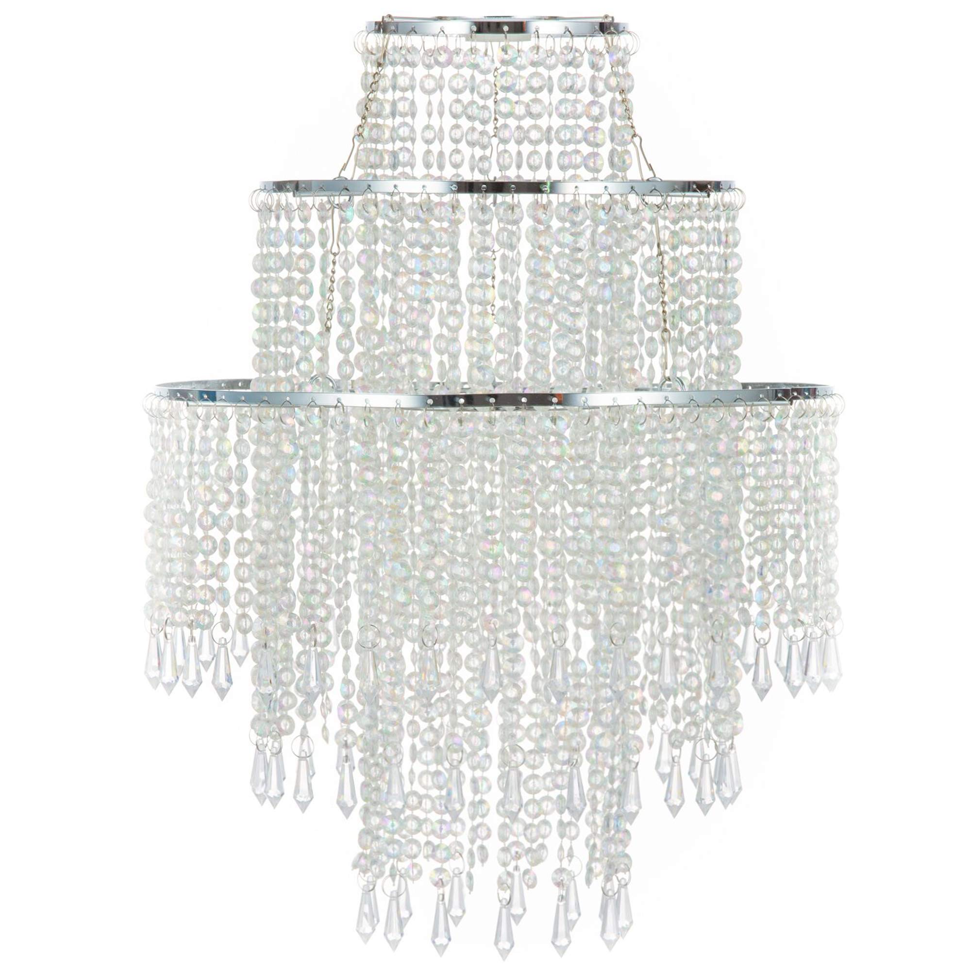 Waneway Large 3 Tiers Beads Pendant Shade, Ceiling Chandelier Lampshade With Acrylic Jewel Droplets, Beaded Lampshade With Chrom