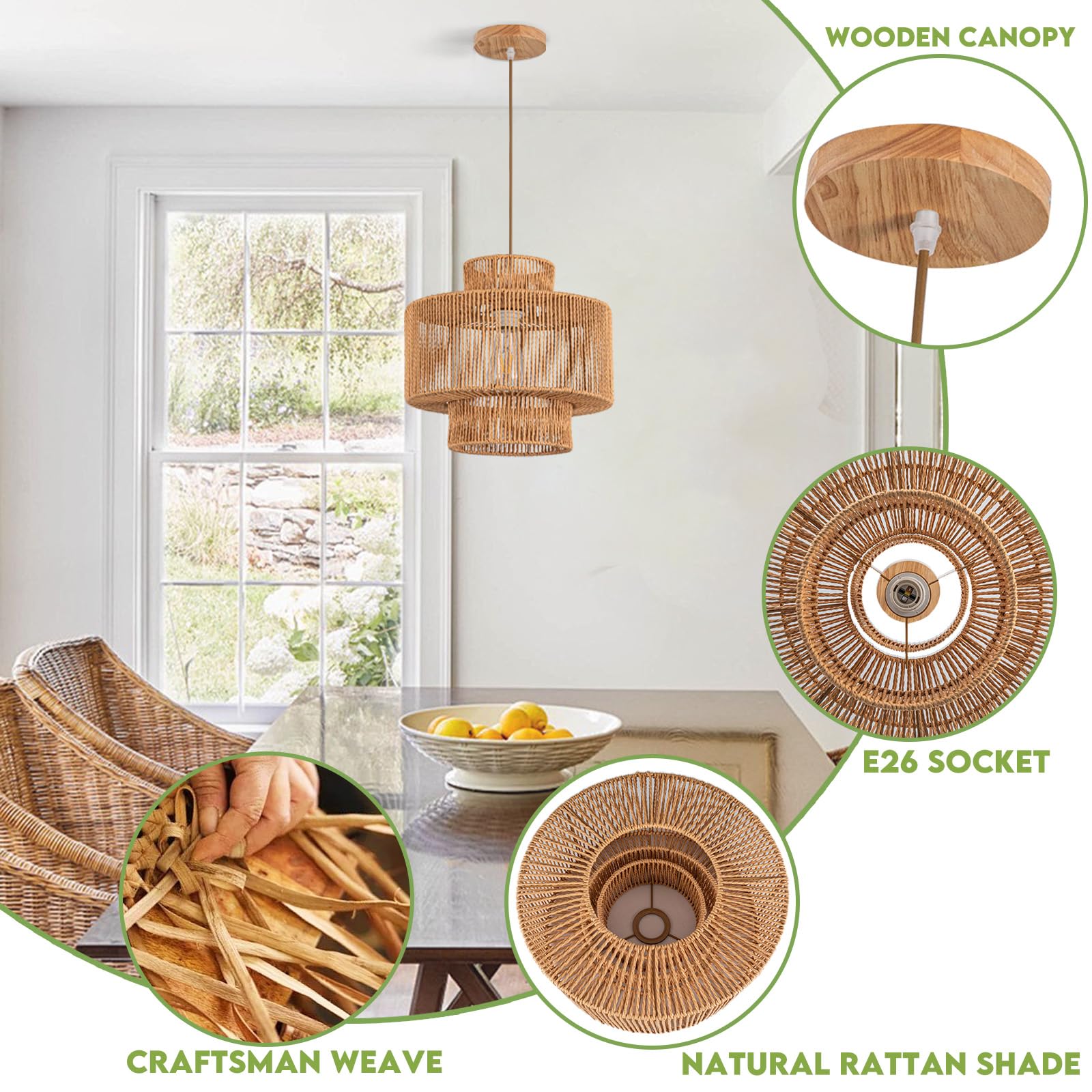 Dsliting Rattan Pendant Light Boho Chandelier For Dinning Room Bohemian Hanging Lights 3-Tier Rattan Chandelier Basket Light Wov