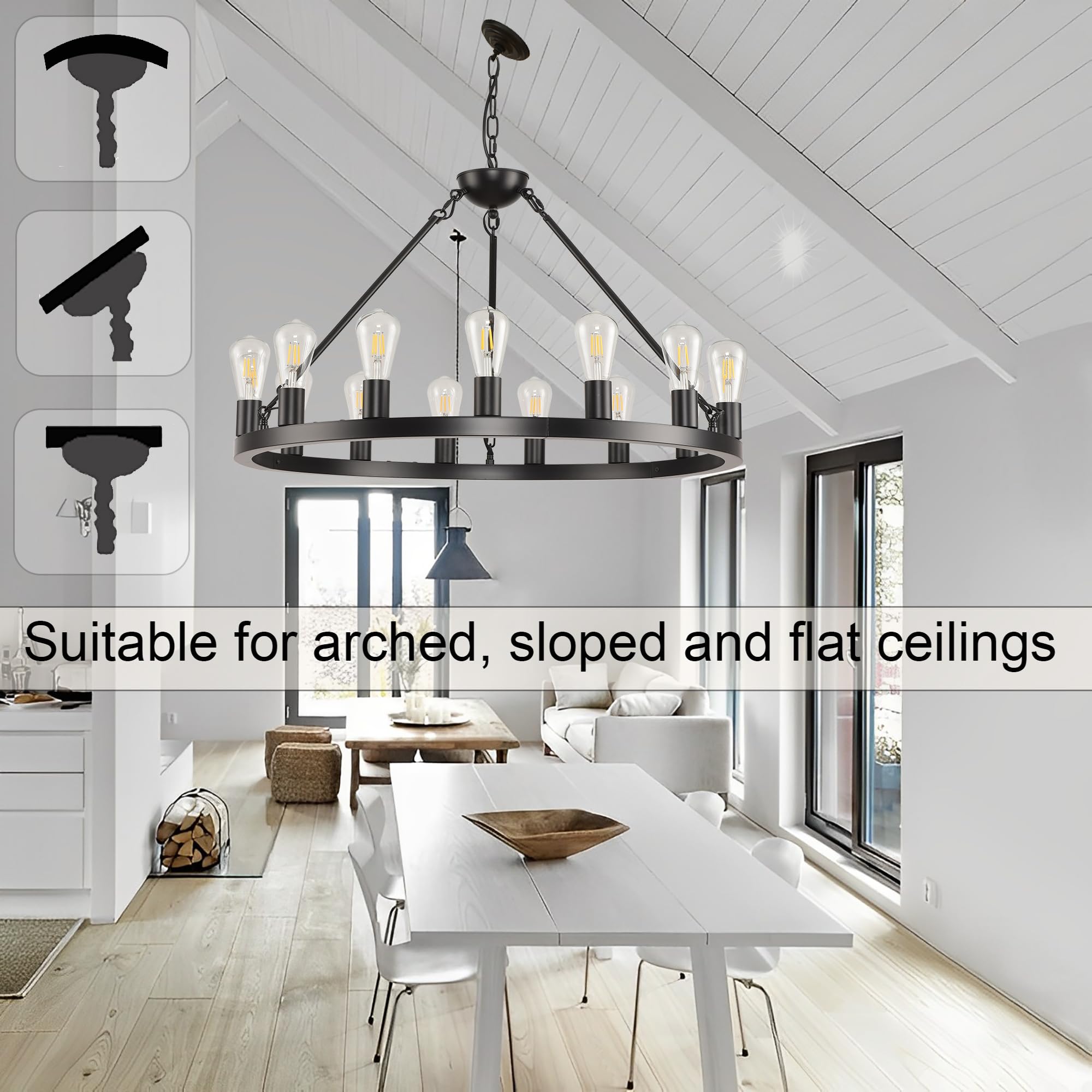 Sarudiir 32 Inch Black Wagon Wheel Chandelier 15-Light Farmhouse Round Wheel Chandeliers Hanging Light Fixture Outdoor Wagon Whe
