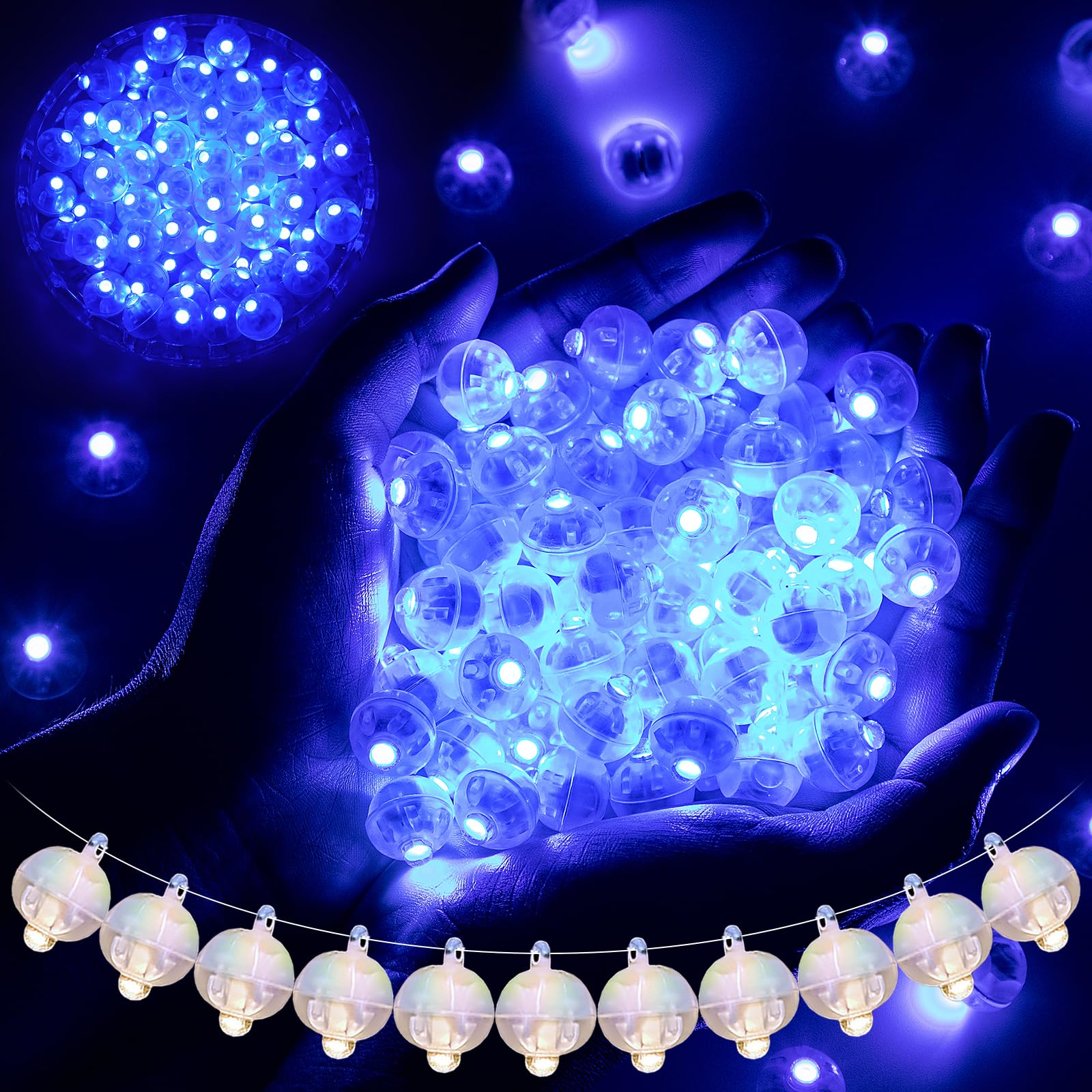 chzk 100pcs Balloon Lights Mini Led Lights Round Long Standby Time Multicolor Ball Light Paper Lantern Balloons Lights for Birthday Party Christmas Halloween Decoration (Blue, 100 PCS with Hook)