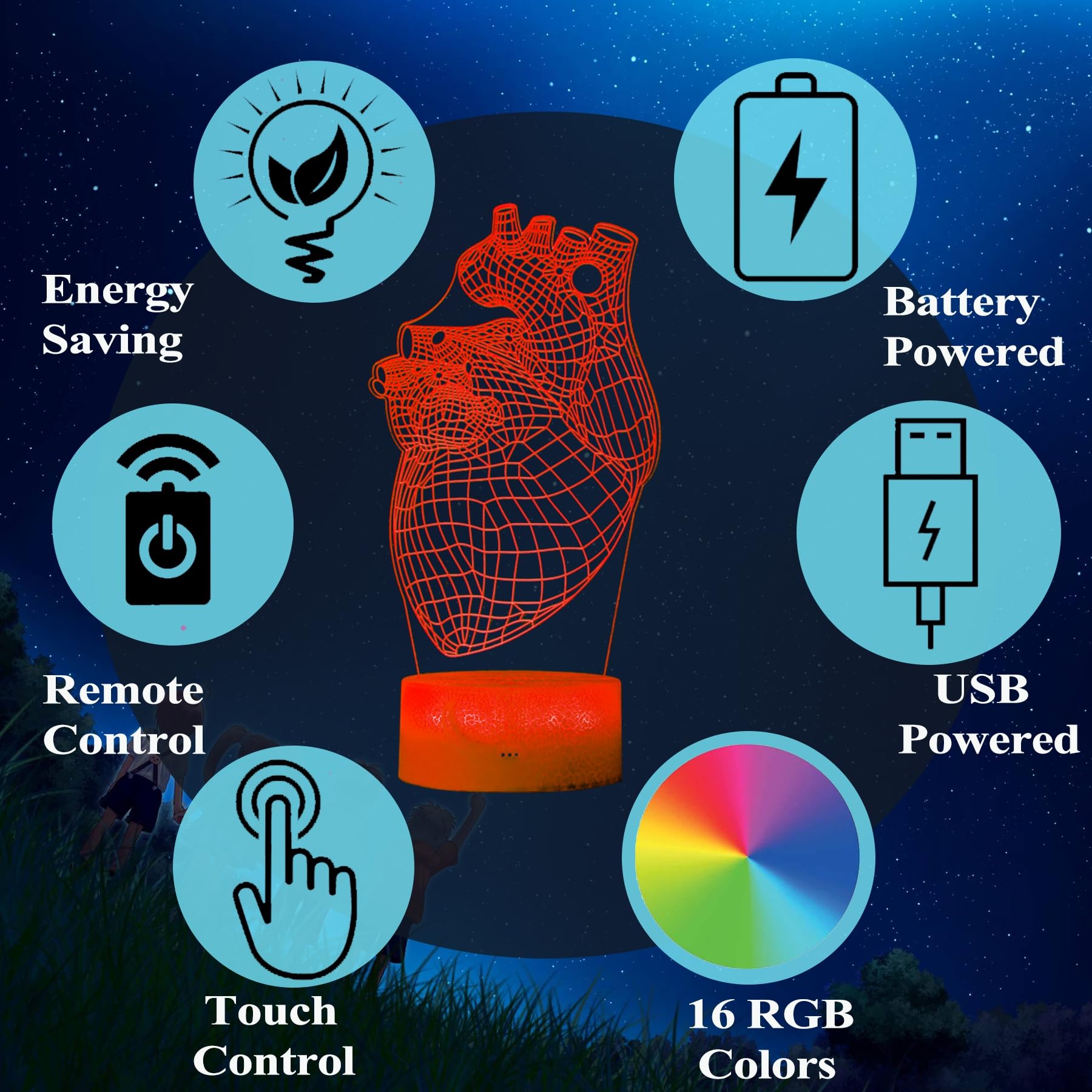 Posshe Heart Anatomy Illusion Lamp, Cardiology Gifts, 3D Night Light, 16 Colors Changing, Remote Control, Dimmable, Kids Room De