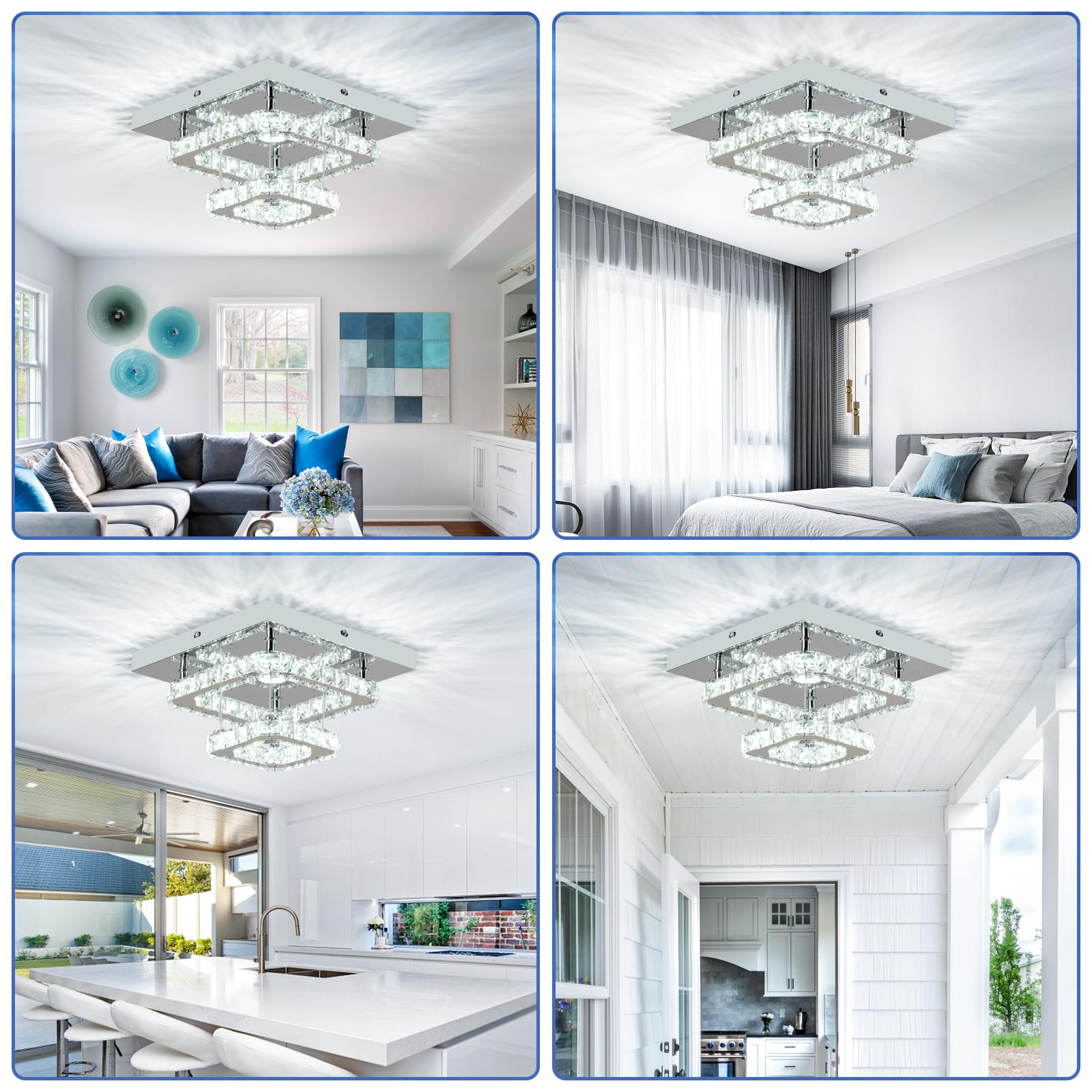 Rheafon Crystal Chandelier 9.8 Inch Modern Led Chandeliers Crystal Ceiling Light Fixtures 2 Layers Flush Mount Ceiling Light Bed