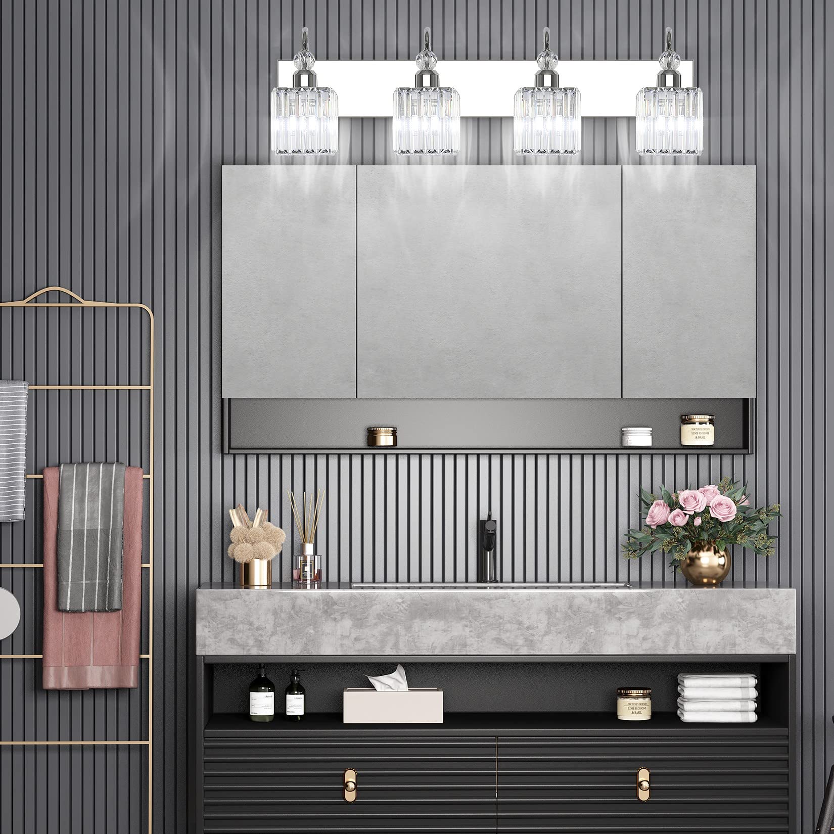 Ralbay Chrome Crystal Vanity Light 4-Lights 31.5'' Stainless Steel Modern Bathroom Lighting Over Mirror