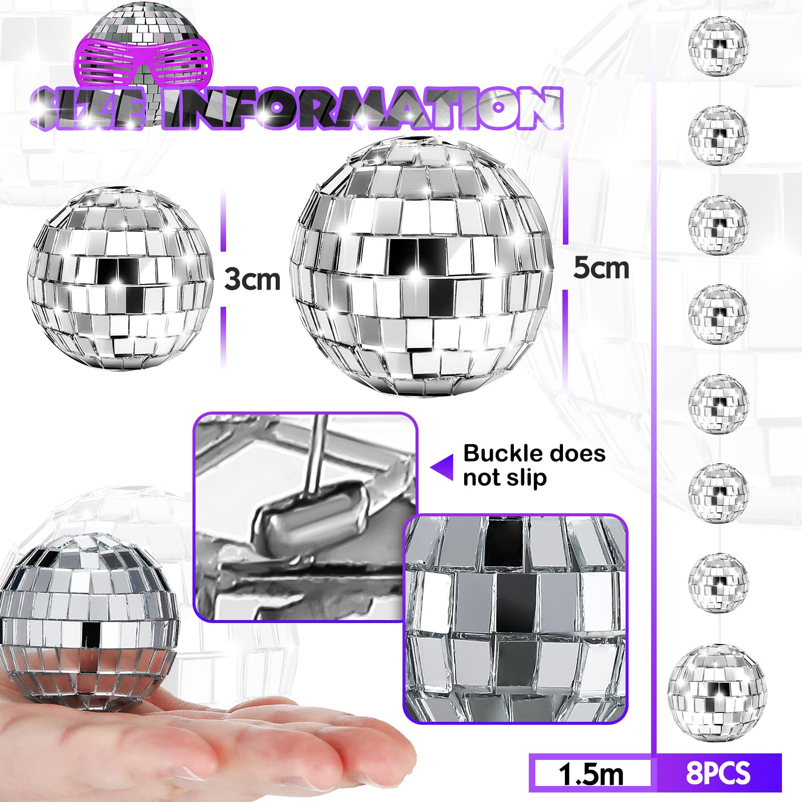 Sumind Disco Ball Ornaments, 8 Packs, Mini 1 & 2 Inch Reflective Mirror Balls, Silver, for Party Decorations and Events