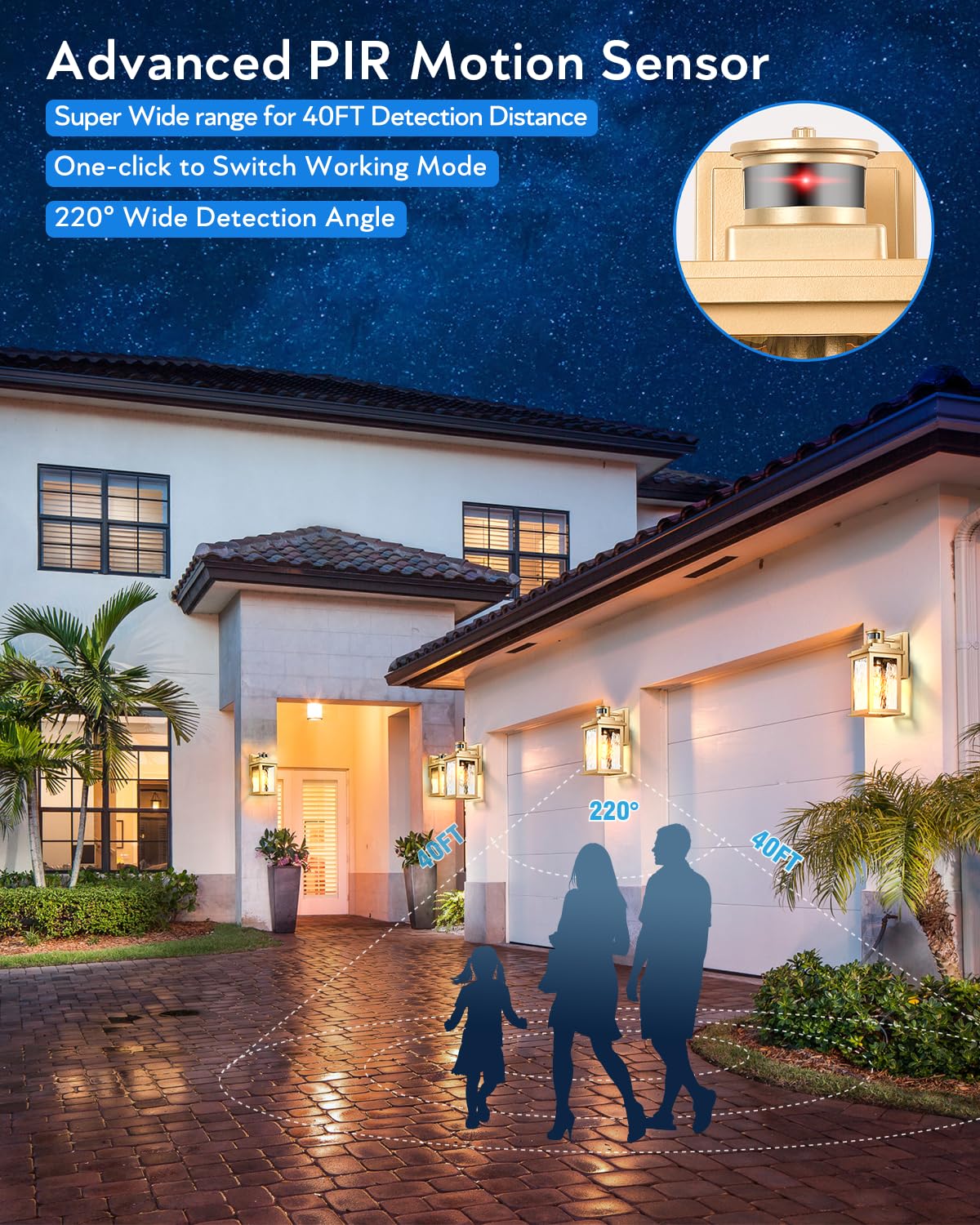 Vianis 2 Pack Motion Sensor Outdoor Lights Lantern, Dusk To Dawn Exterior Lights For House, Gold Anti-Rust Porch Lights Sconce,