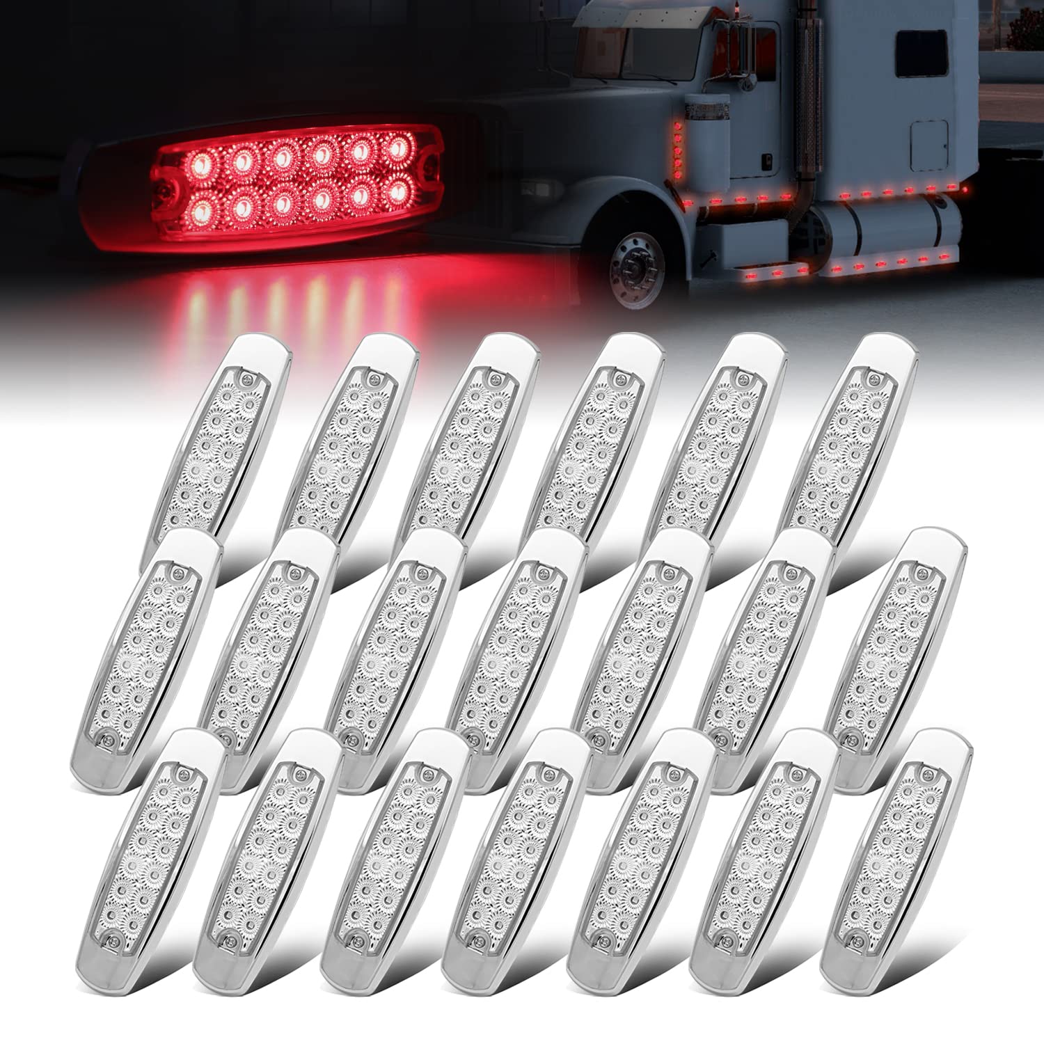 Ledvillage 20X 12V Dc Rectangle 6.4 Inch Clear Lens Red Super Bright Led 12 Smd Clearance Lamp Flush Mount Side Maker Lights Chr