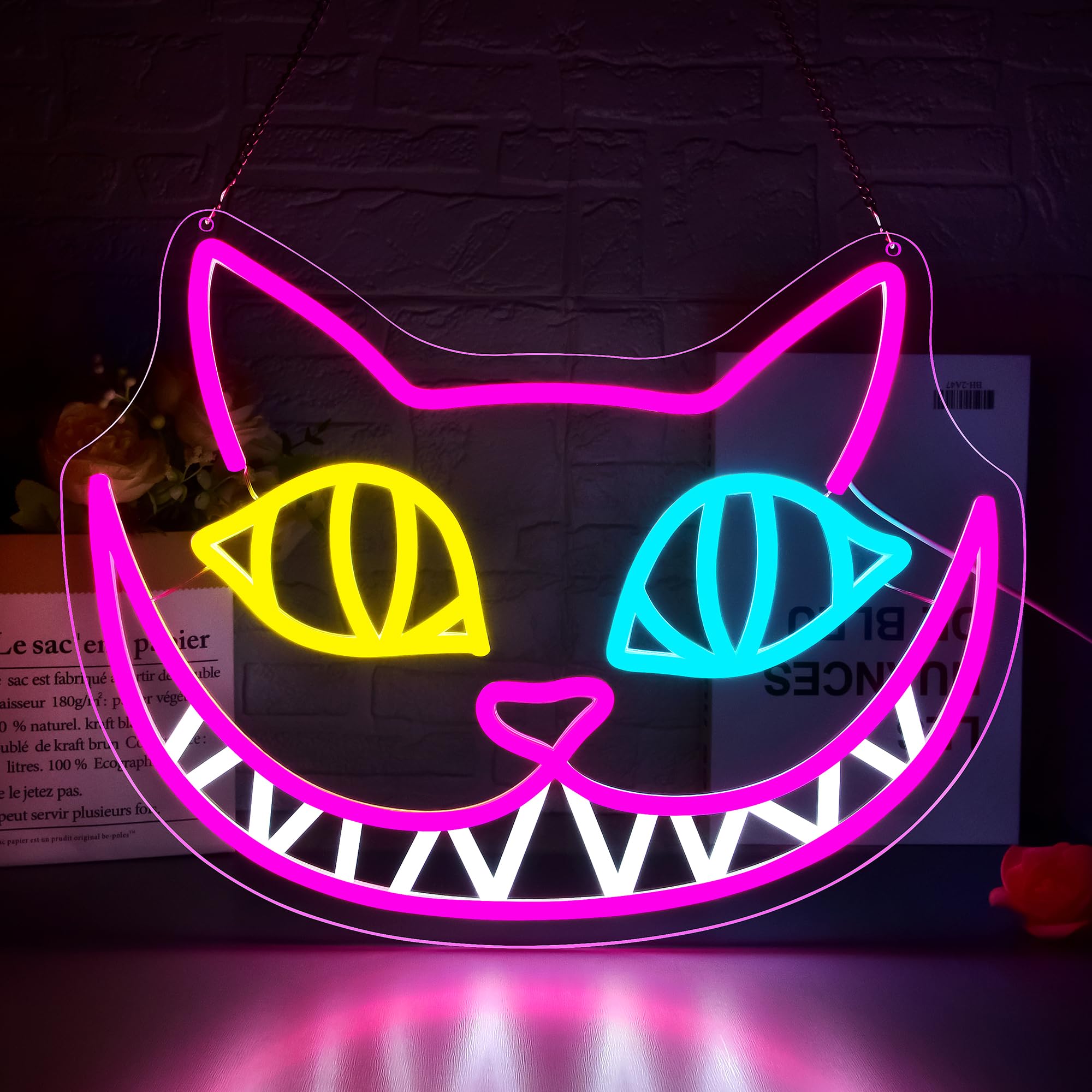 DYUAI Cat Neon Sign, Dimmable LED Light for Wall Decor, Acrylic, 13.7x10.3In, Rose Red+Lemon Yellow+Ice Blue