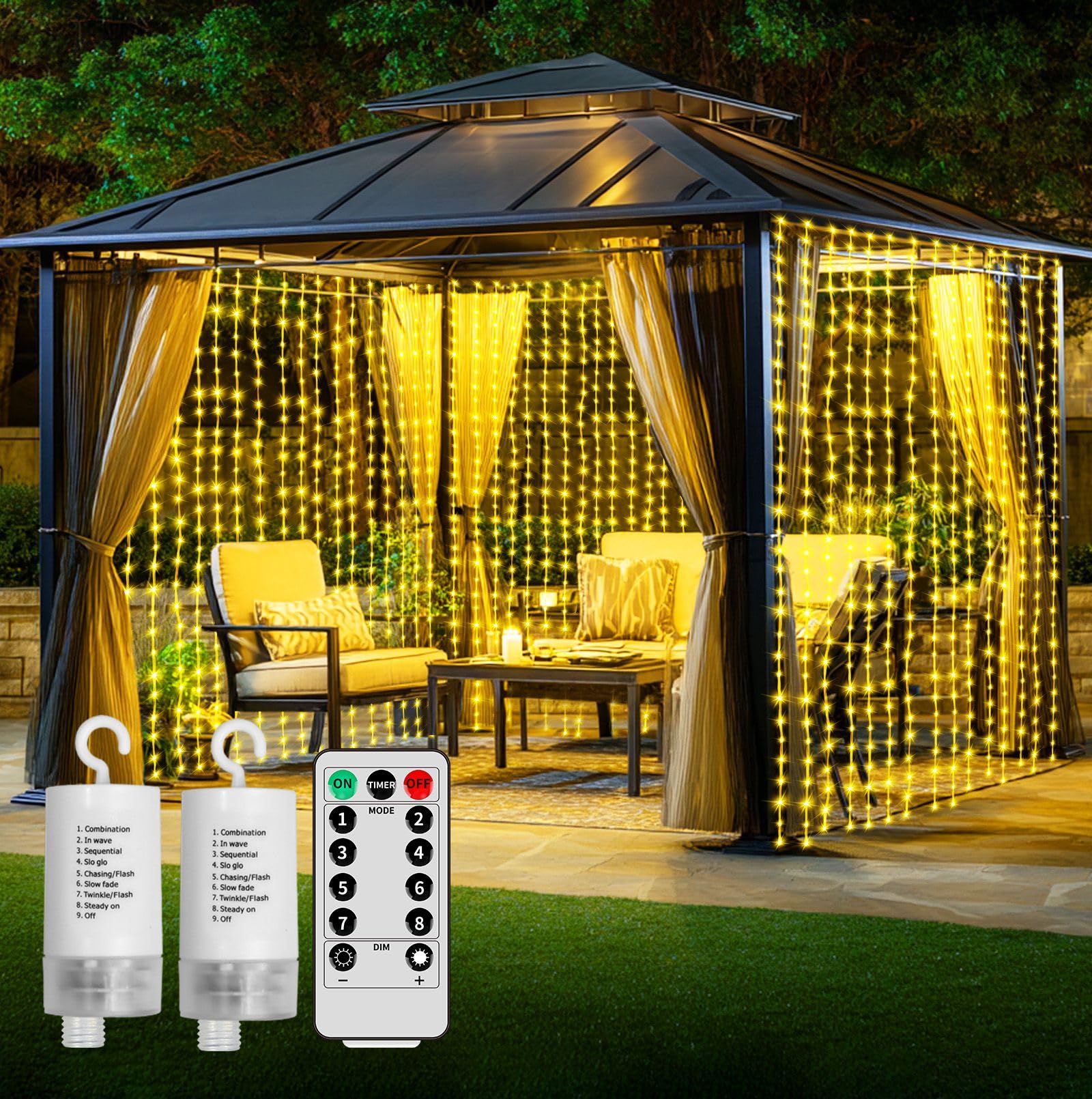 LED Battery Operated Curtain Lights - 2Pack 10ftx10ft 300LED Battery Power Fairy Curtain String Lights with Remote & Timer for Backdrop Outside Gazebo Christmas Indoor Bedroom Decor WarmWhite