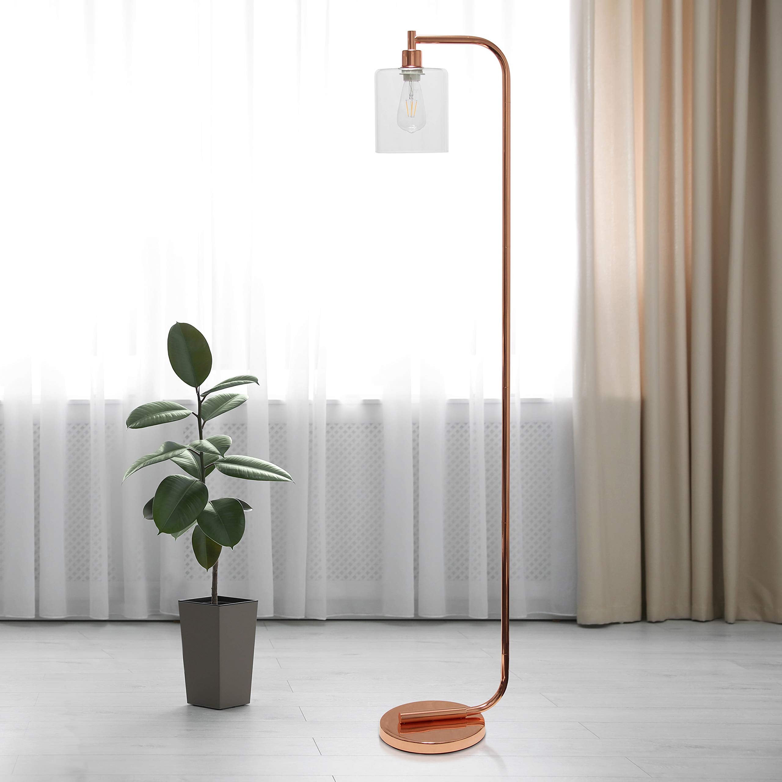 Simple Designs Antique Style Iron Lantern Floor Lamp, 63in Height, Rose Gold, Model LF1036-RGD, Glass Shade