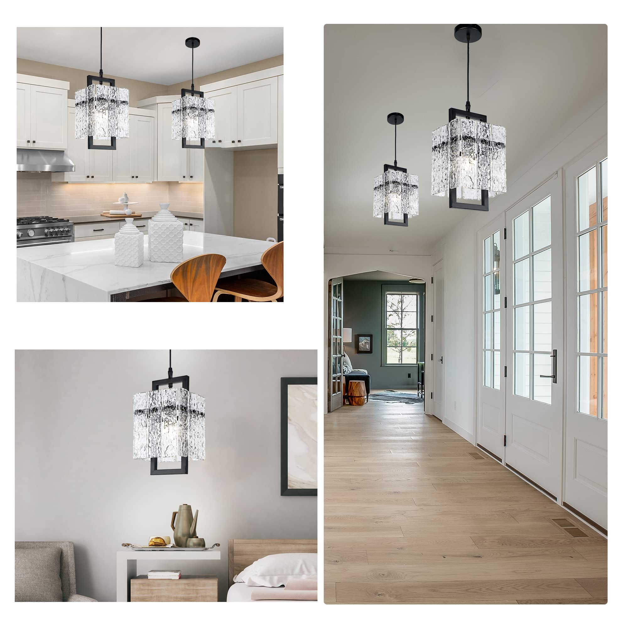 Black Crystal Pendant Light For Kitchen Island, Luxury Water Ripple Glass Chandelier Lights Fixture, Modern Elegant Adjustable P