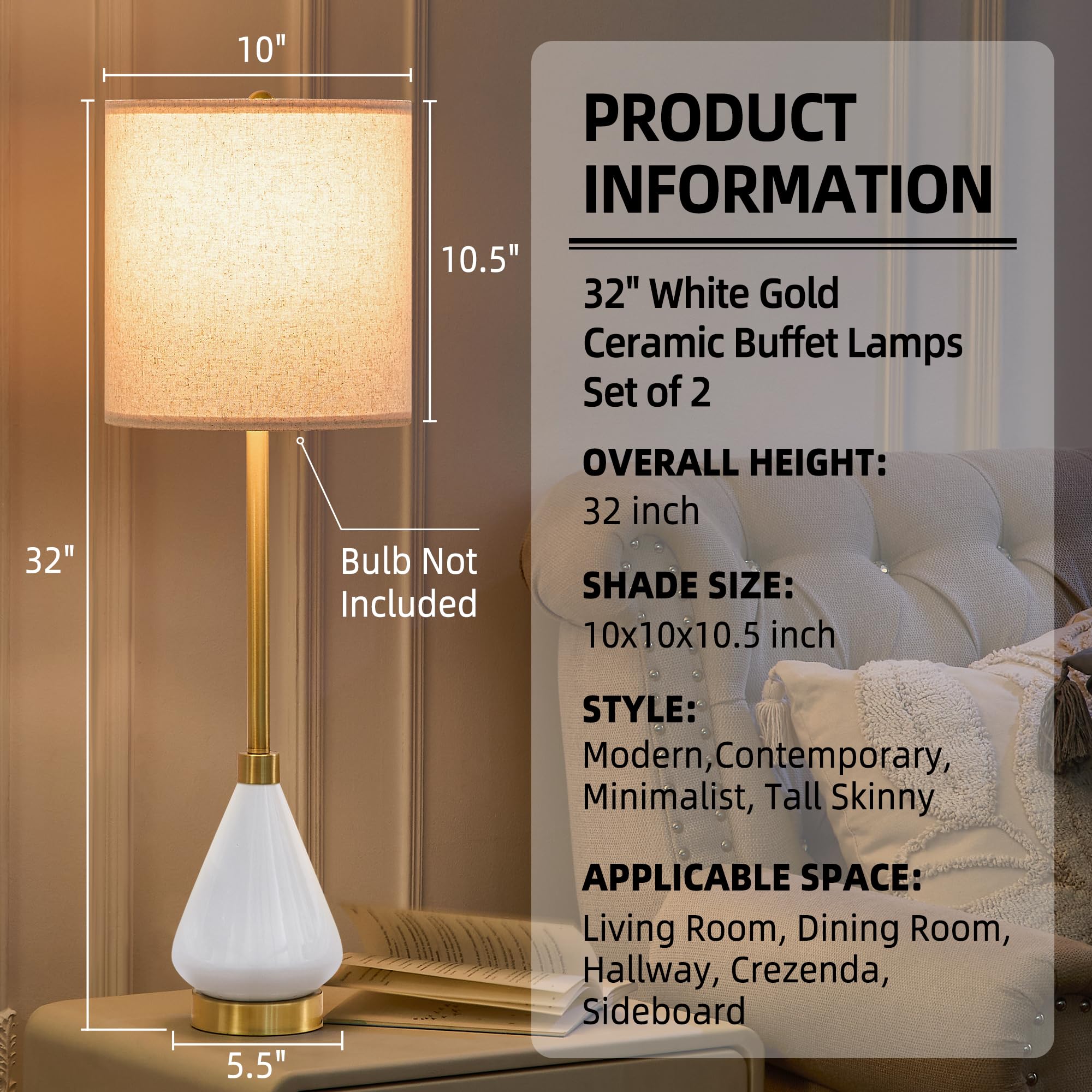 32'' Blue Gold Buffet Table Lamps For Living Room Set Of 2, Ceramic Buffet Lamps Set Of 2 For Console Table, Tall Navy Blue Lamp