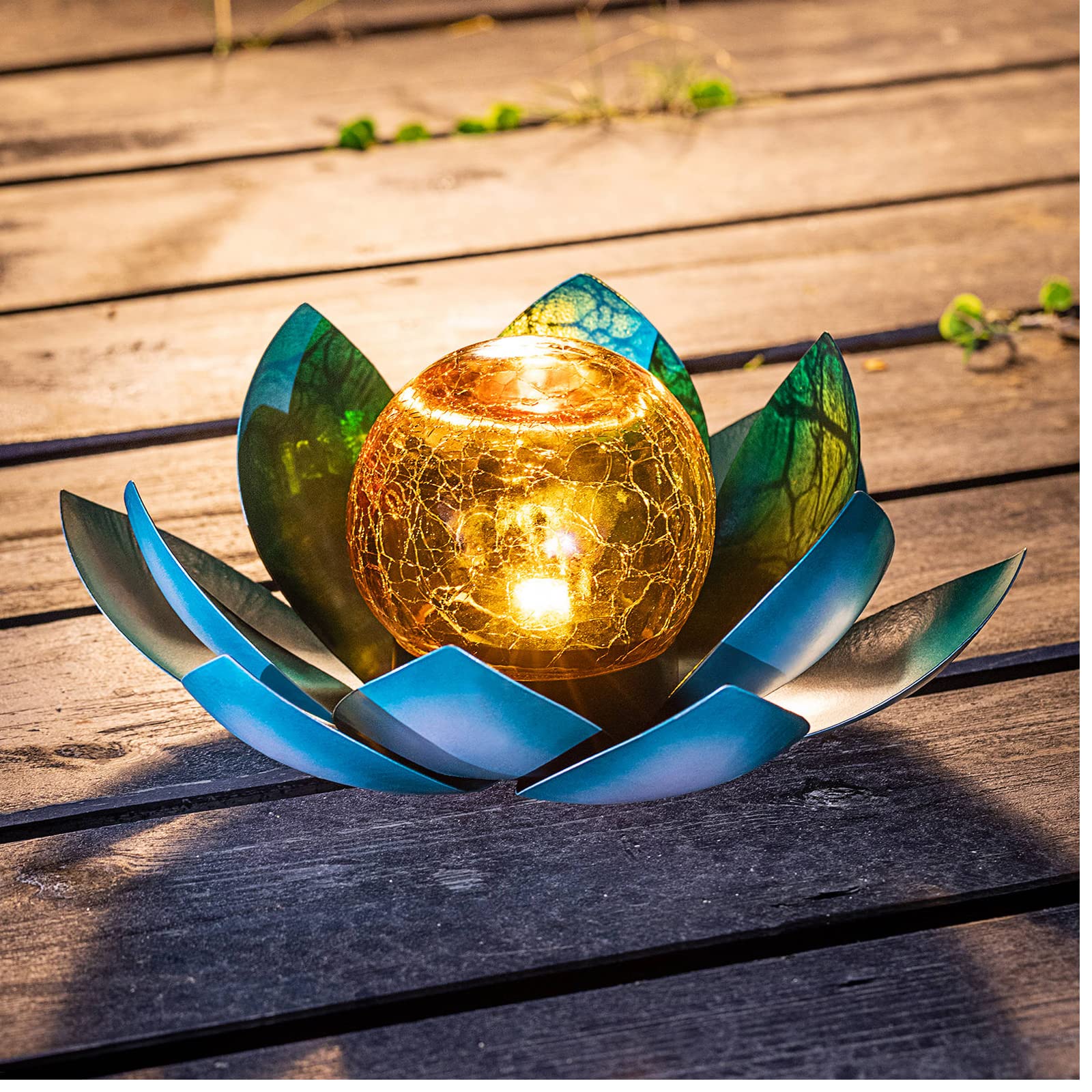 Huaxu Blue Glass Solar Lotus Flower Table Lamp - Waterproof Outdoor Garden Light