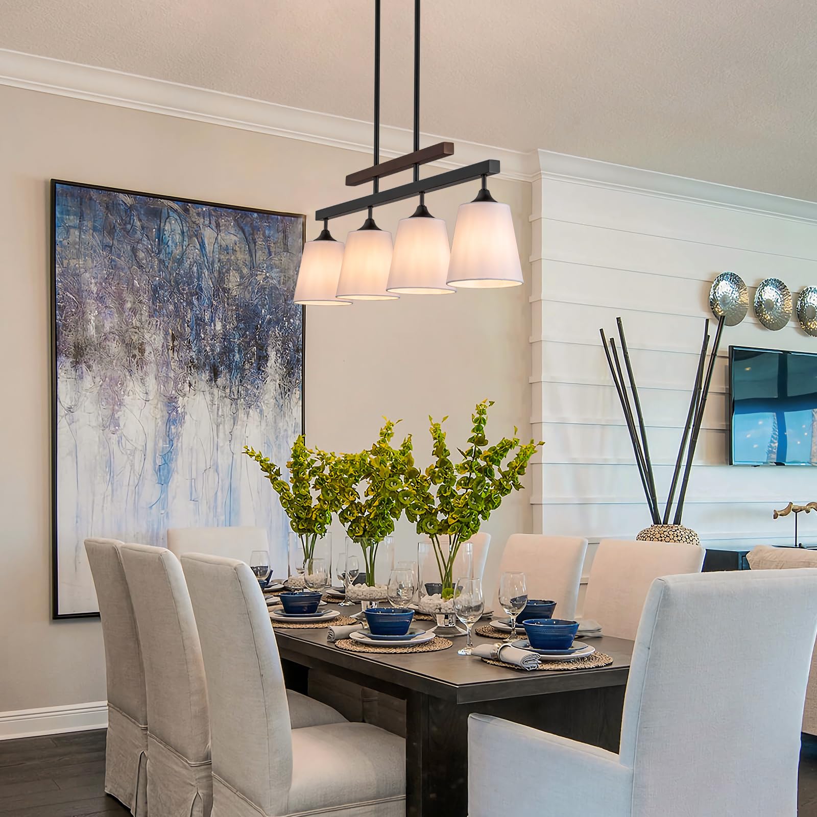 Farmhouse Dining Room Light Fixture Over Table, 4-Light Kitchen Island Lighting, Rustic Wood Linear Chandeliers With White Fabric Shade, Matte Black Hanging Pendant Light Fixtures