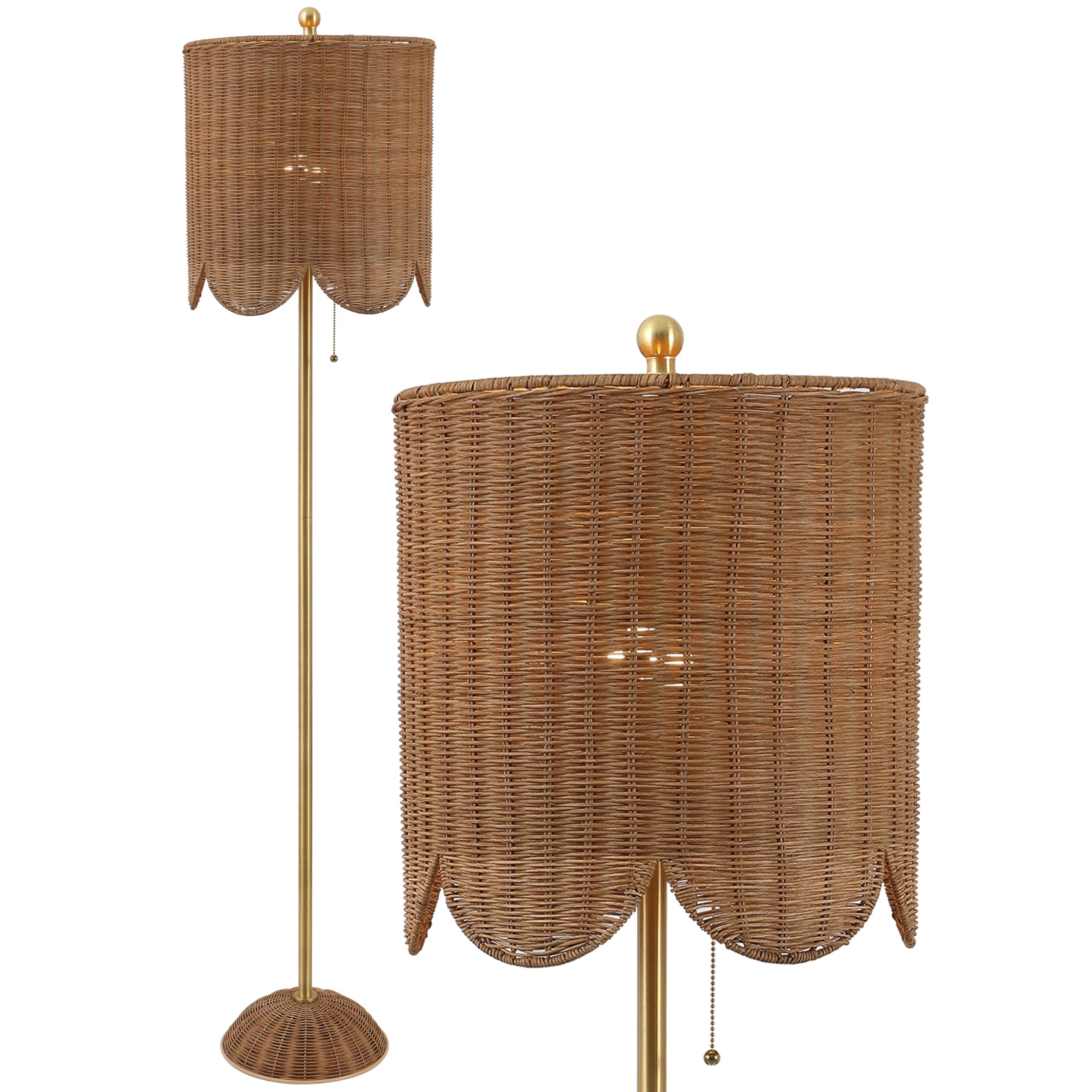 JONATHAN Y 63.5 Brown/Brass Gold LED Floor Lamp for Living Room Bedroom with Scalloped Rattan Shade, Coastal Bohemian Tall Stand