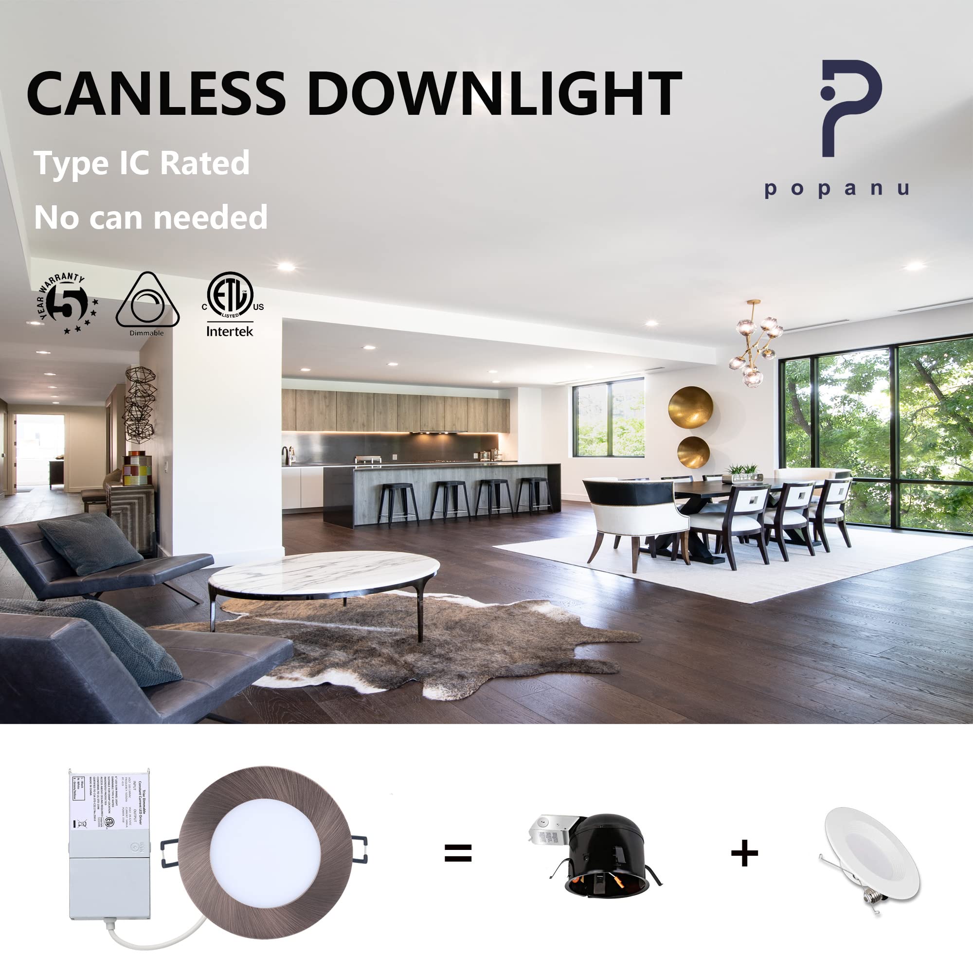 POPANU LED Canless Downlight 4-Inch Dimmable Recessed Light Fixture, 9W, 5 CCT Adjustable, Oil Rubbed Bronze, 6-Pack