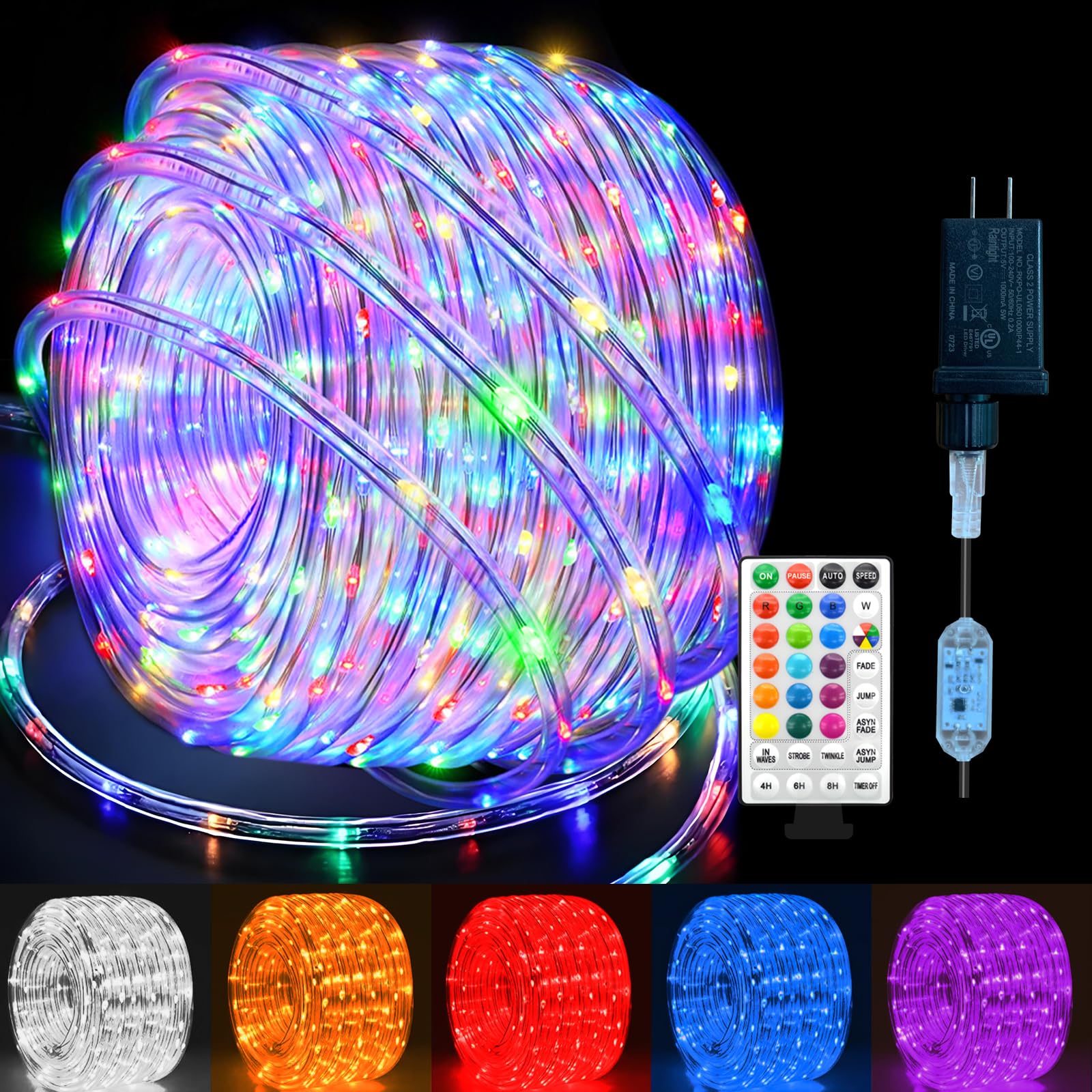 GLPE 33Ft LED Rope Lights Outdoor Plug in, 16 Color Changing String Lights Indoor with Remote, 8 Modes Waterproof Fairy Lights for Outside Garden Patio Party Wedding Christmas Decoration