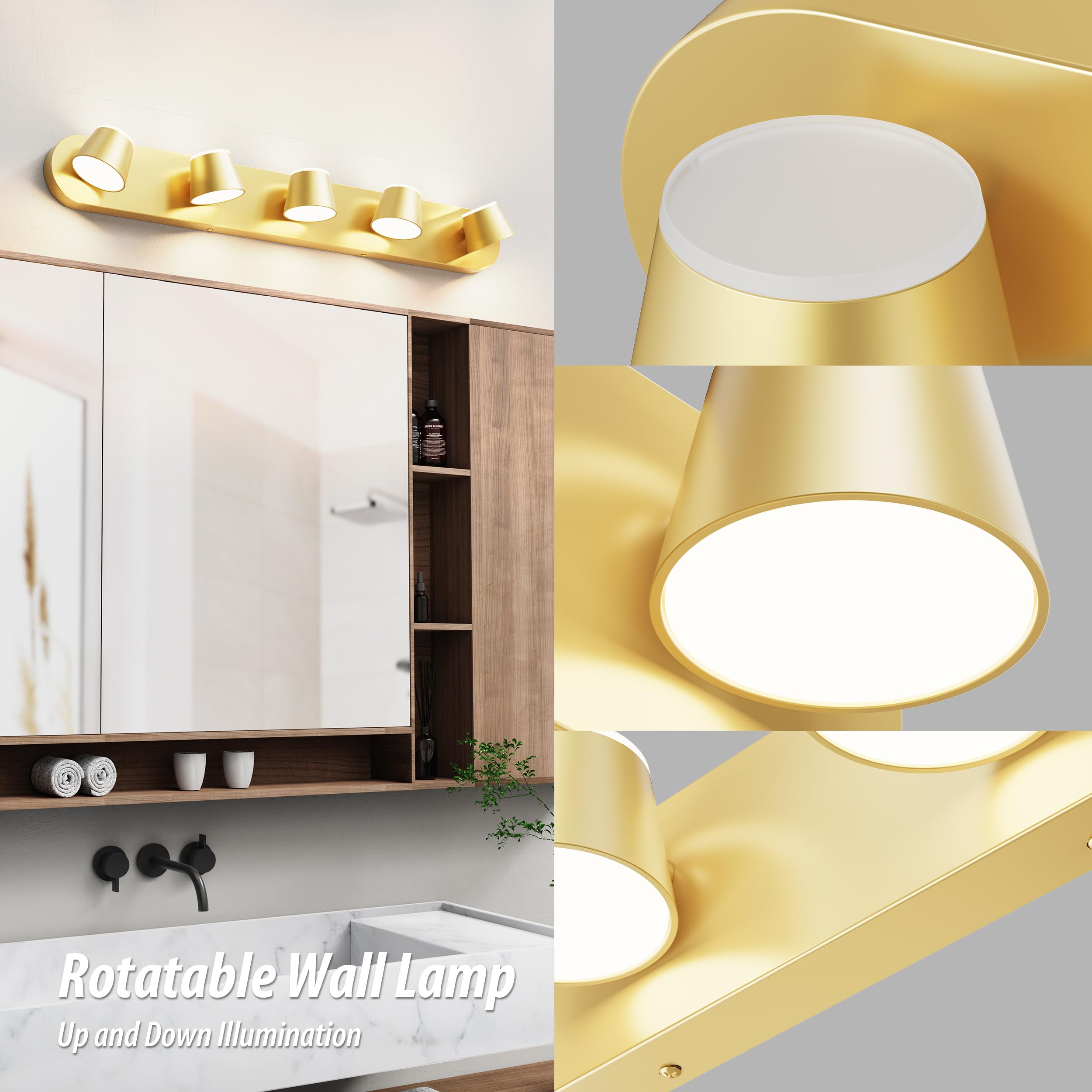 URSOLA 5 Light Bathroom Vanity Light Fixtures, LED Gold Metal Over Mirror, Dimmable, Model 7540GD-5T, 34 Inch