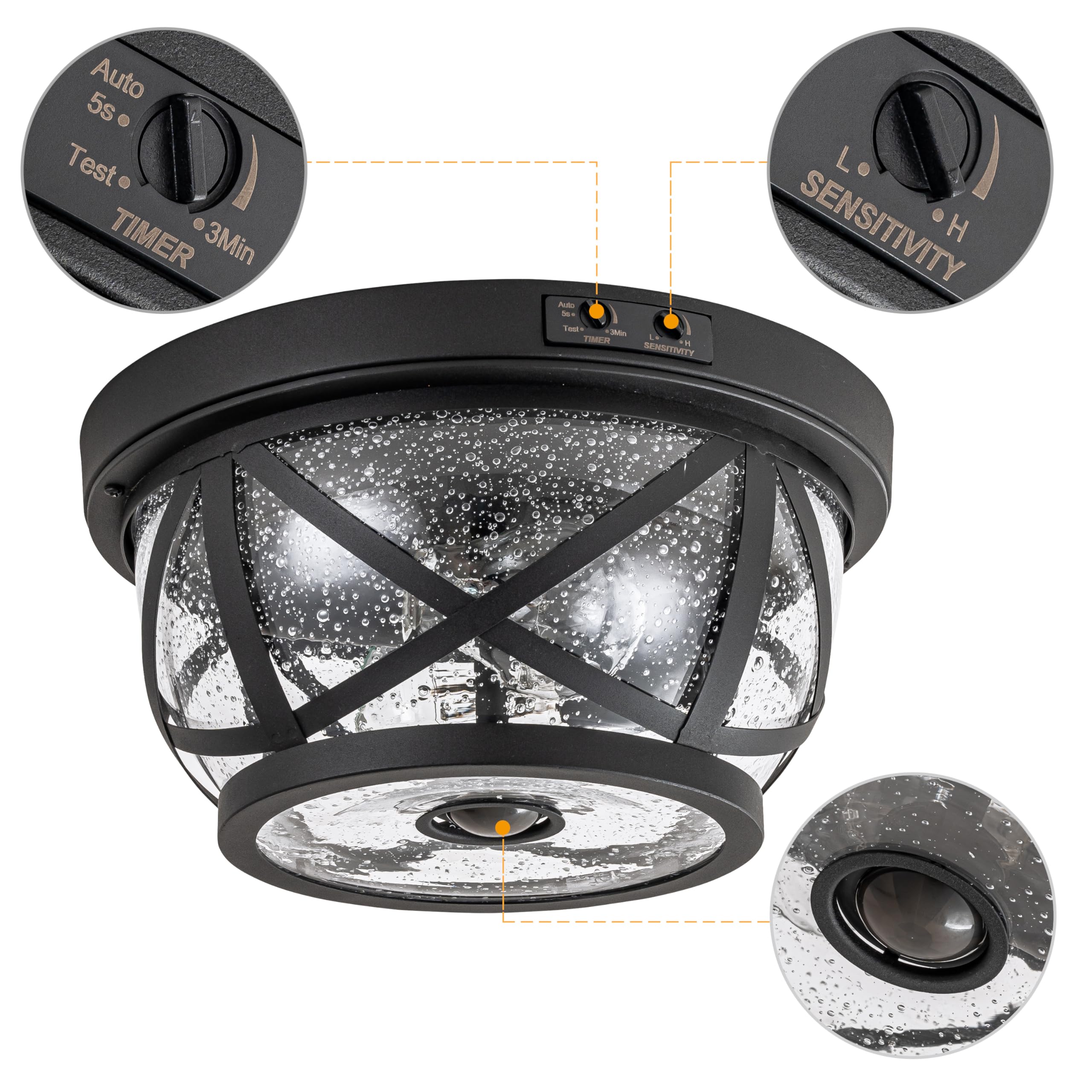 Laplusbelle Motion Sensor Ceiling Light Fixture, Round Matte Black Metal, Waterproof, Model LA2346-FM, Ideal for Outdoor/Indoor Use