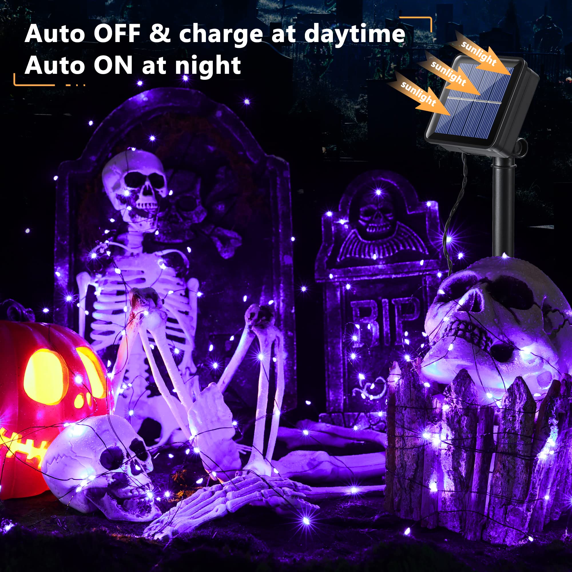 Brizled Purple Fairy Lights, 39.37ft 120 LED, Solar Powered, 8 Modes, Halloween Outdoor Decor, Black Wire