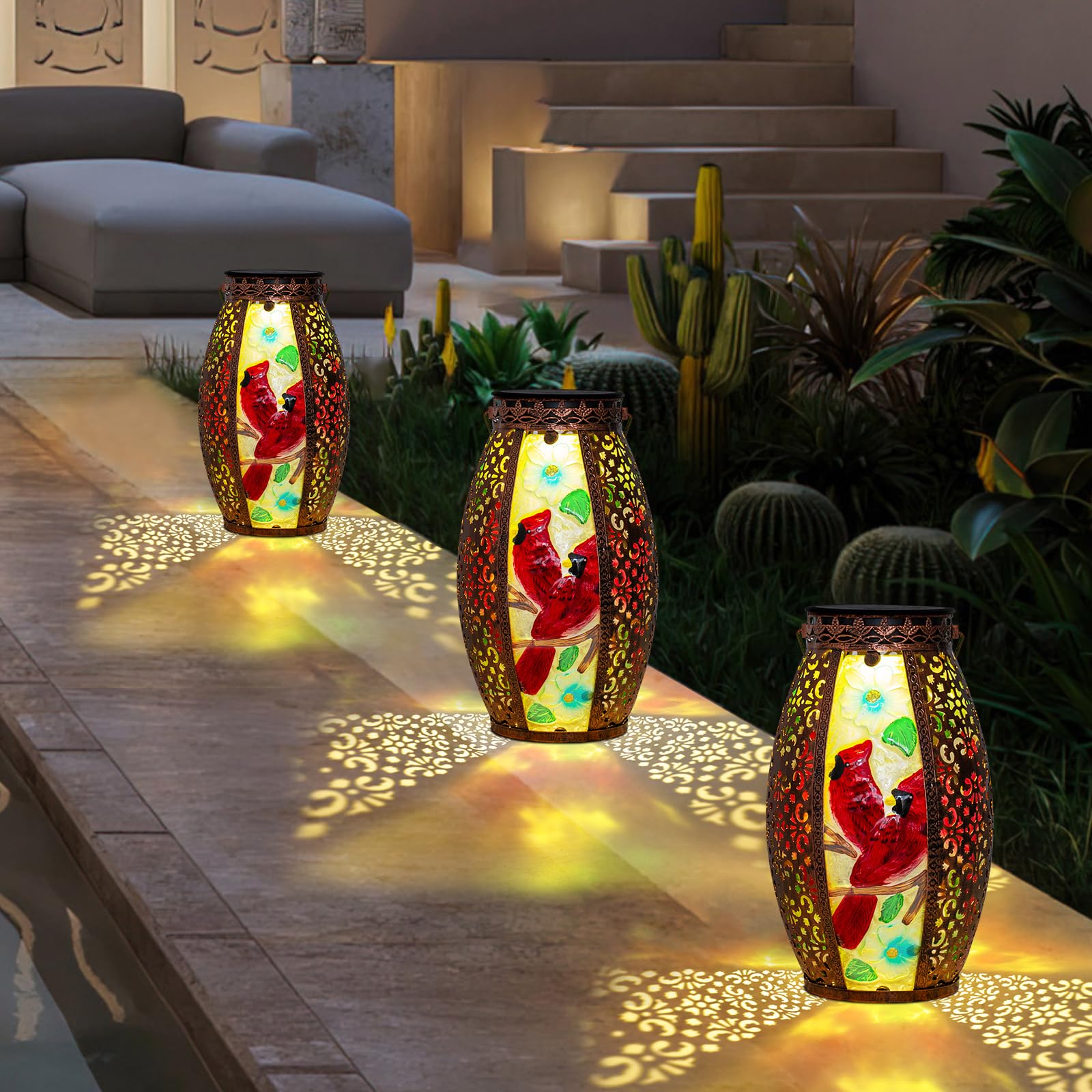 Gifts For Women Mom Grandma,Outdoor Solar Lantern-Waterproof Two Cardinal Hanging Metal Decorative Lights For Patio Table Garden