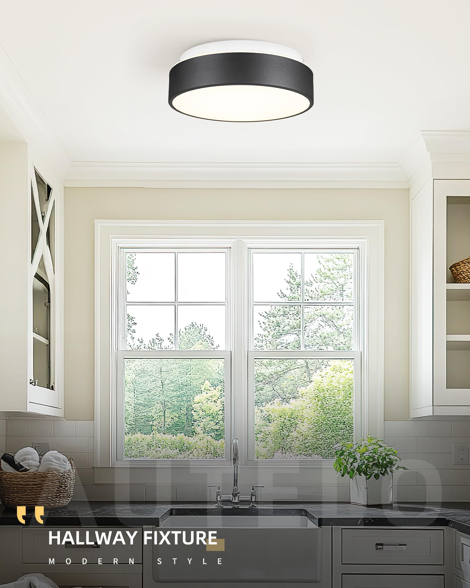 Autelo Flush Mount Ceiling Light-Black Ceiling Light Fixture - 12Inch Led Close To Celing Lights With Frosted Glass Shade C3312
