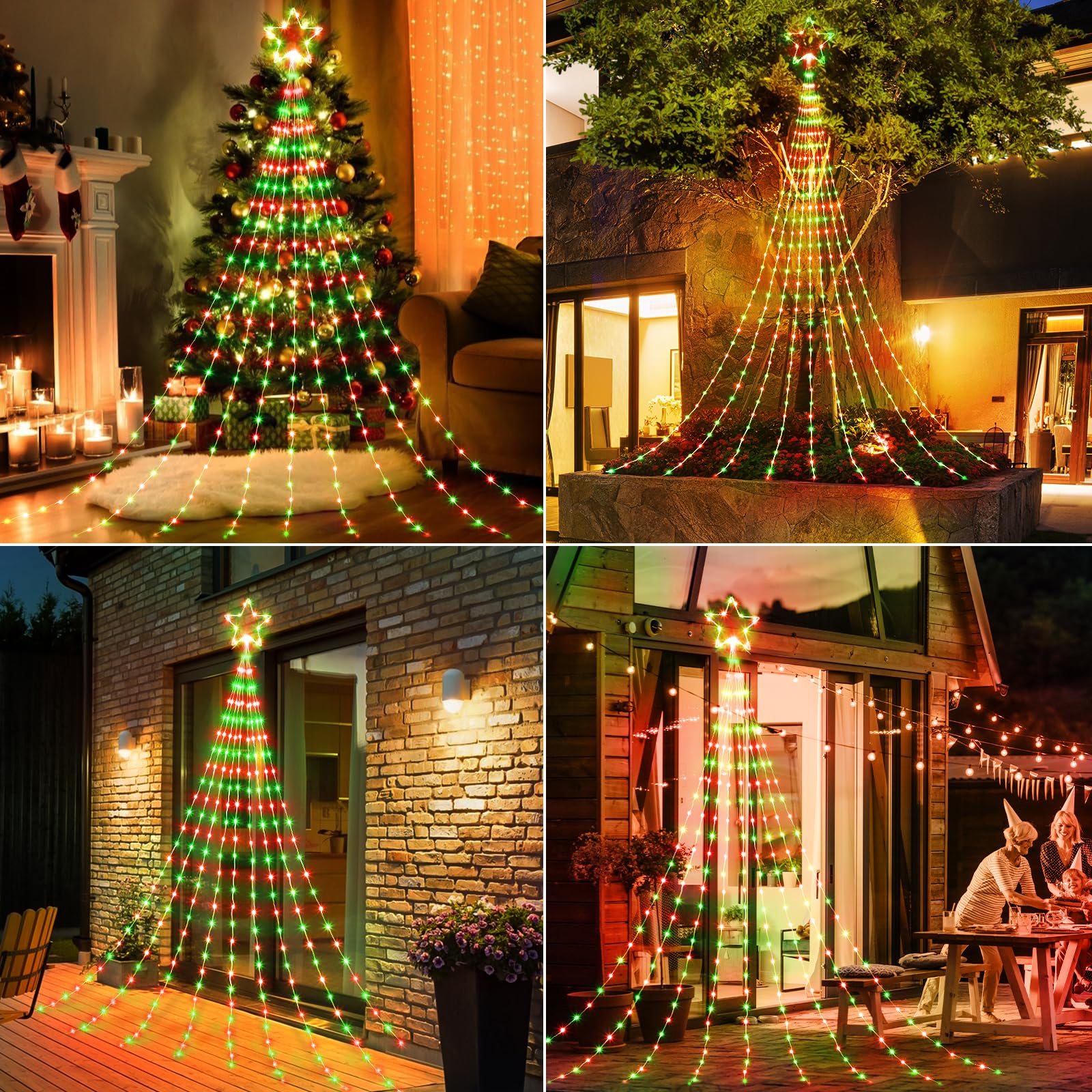 Christmas Decorations Star String Lights - 344 Led 11.8Ft 9 Strands Waterfall Tree Lights With Topper Star, 8 Lighting Modes Ind