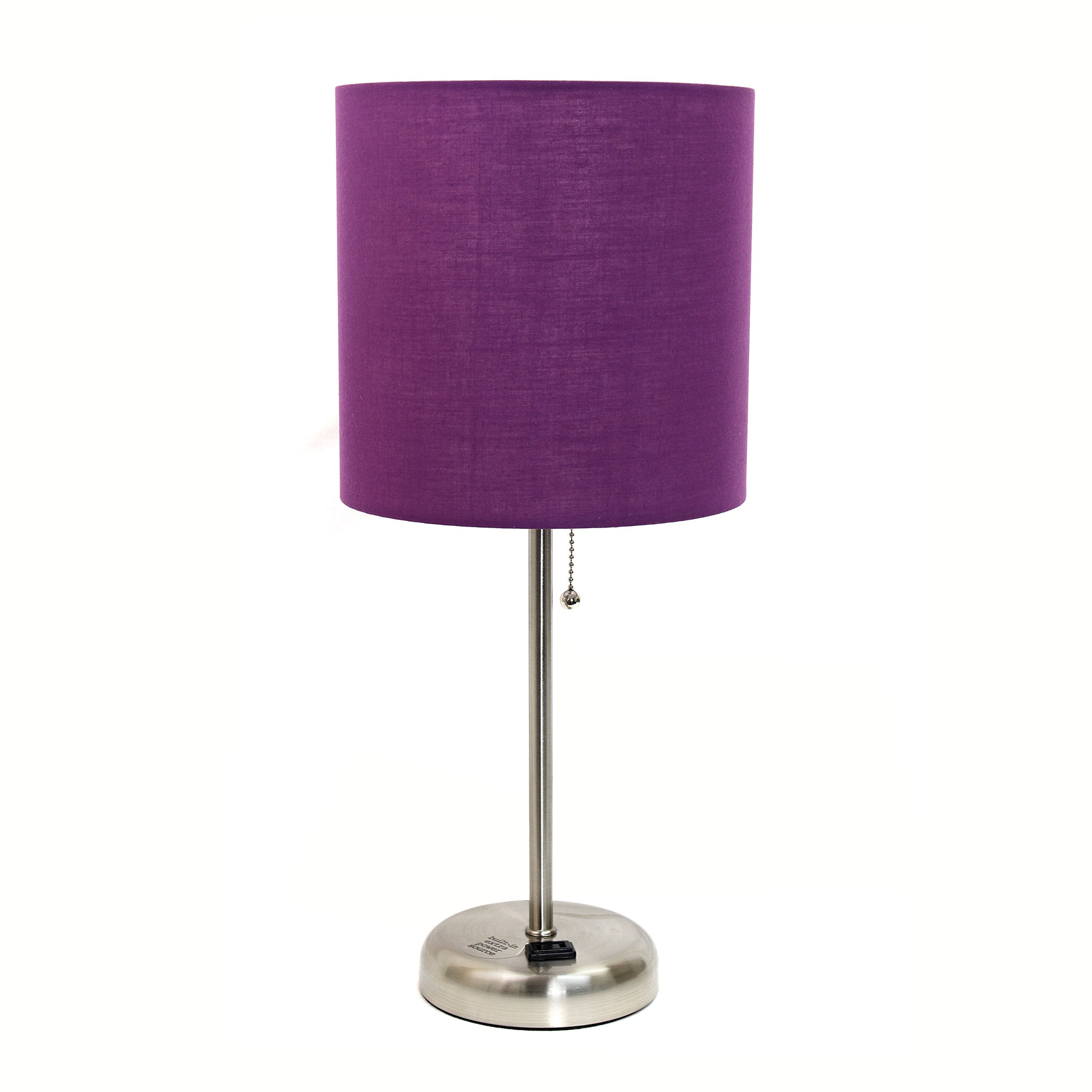 Simple Designs Lt2024-Prp Brushed Steel Stick Table Desk Lamp With Charging Outlet And Drum Fabric Shade, Purple