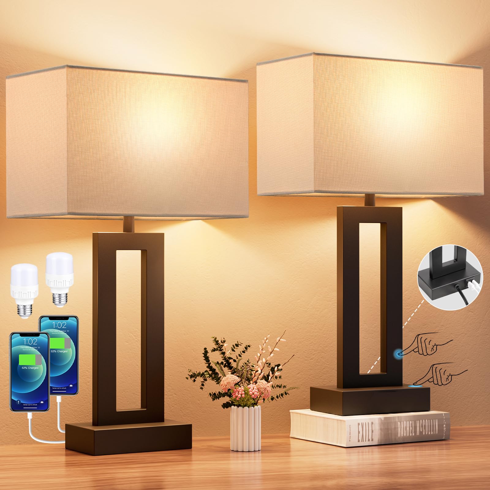 Seealle Nightstand Table Lamps Set of 2 - Touch Control, USB C+A, 3 Way Dimmable, Medium (19.6in), White & Black