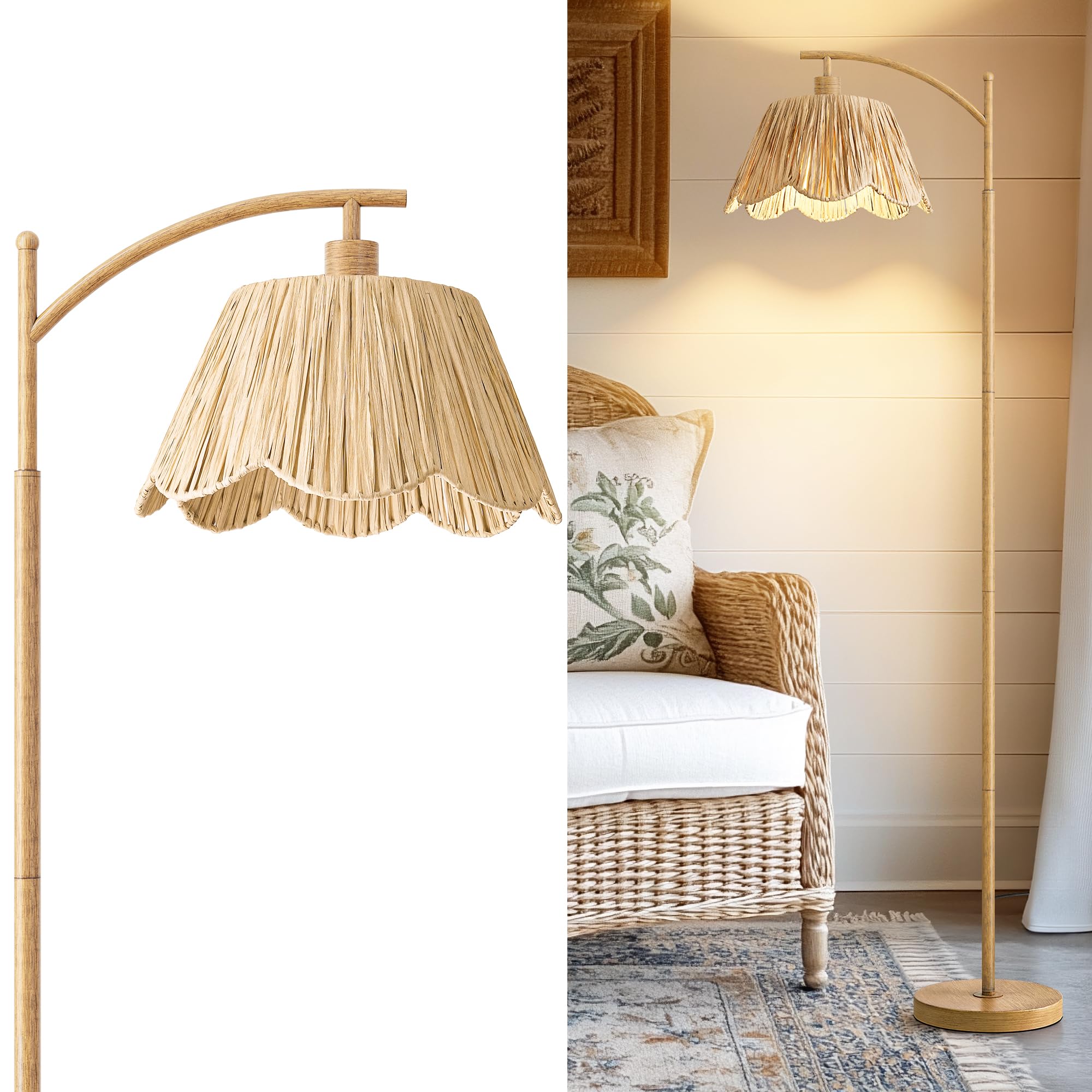Oneach Boho Floor Lamp for Living Room  Farmhouse Standing Lamp with Foot Switch  Corner Reading Lamps for Bedroom with Hand-Woven Shade  Light Woodgrain Metal Base & Pole