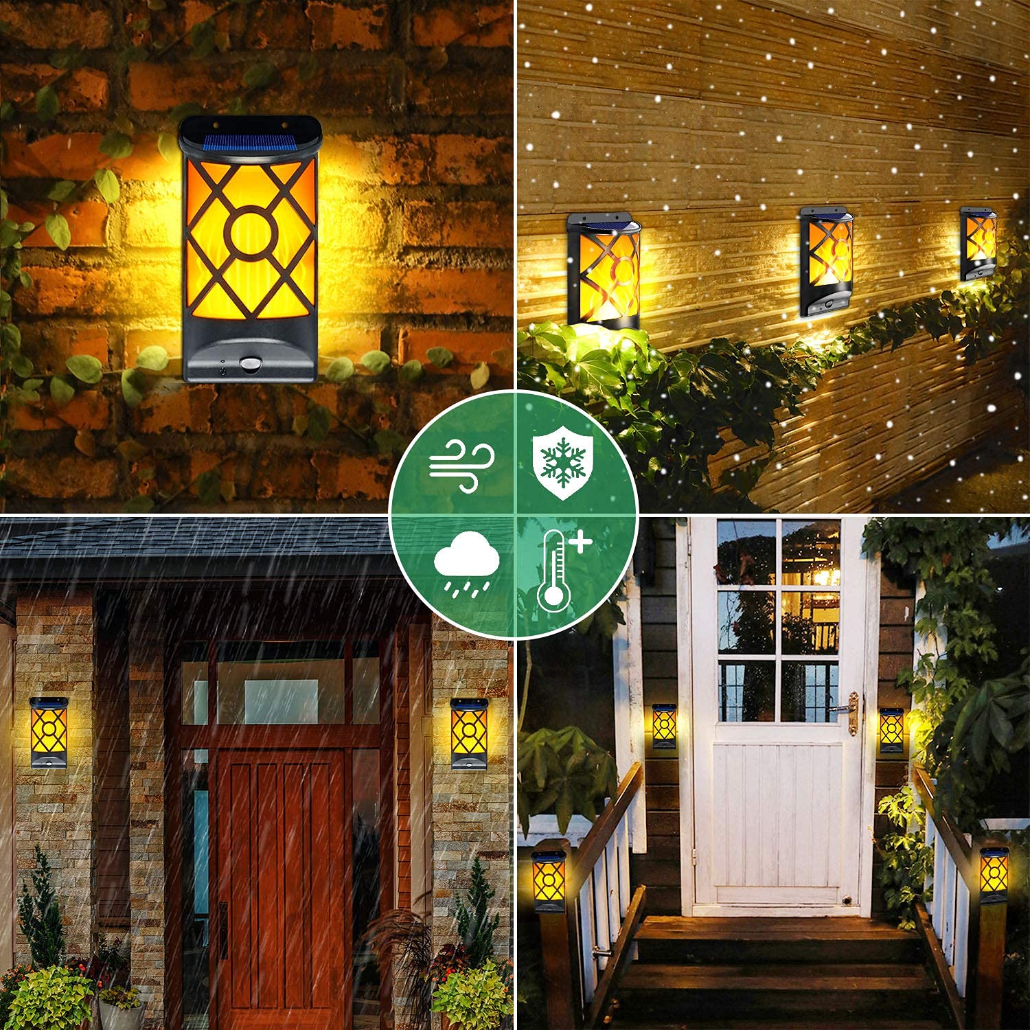 LazyBuddy Solar Flame Lights - Flickering Wall Lanterns, 66LED, 4 Pack, Black, Auto On/Off, Outdoor Decorations for Fence and Patio