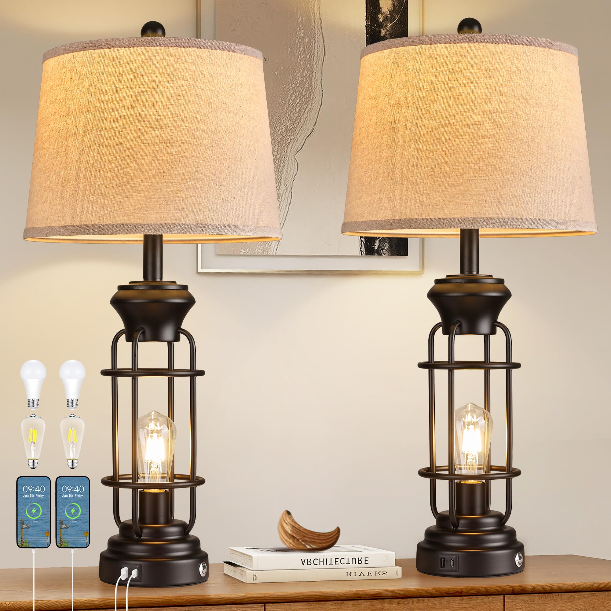 Reaketon Table Lamp Set of 2 with USB Ports, 29.3'' Tall Farmhouse Table Lamp with 2 Nightlight Bulbs,Touch Control Table Lamps 