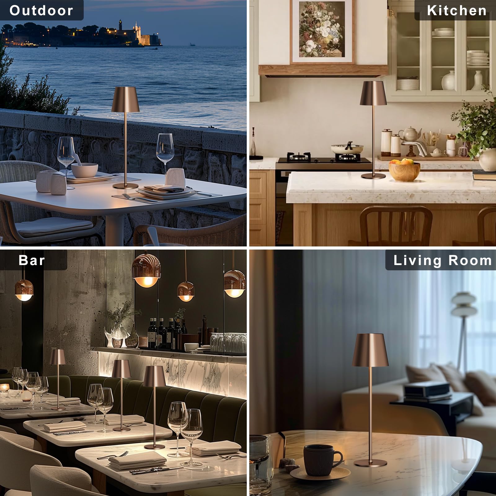 Kakanuo Cordless Table Lamps Set of 2 - Portable LED, Wireless Rechargeable, 3 Color Stepless, Brown, Ideal for Restaurant, Bar, Party, Camping