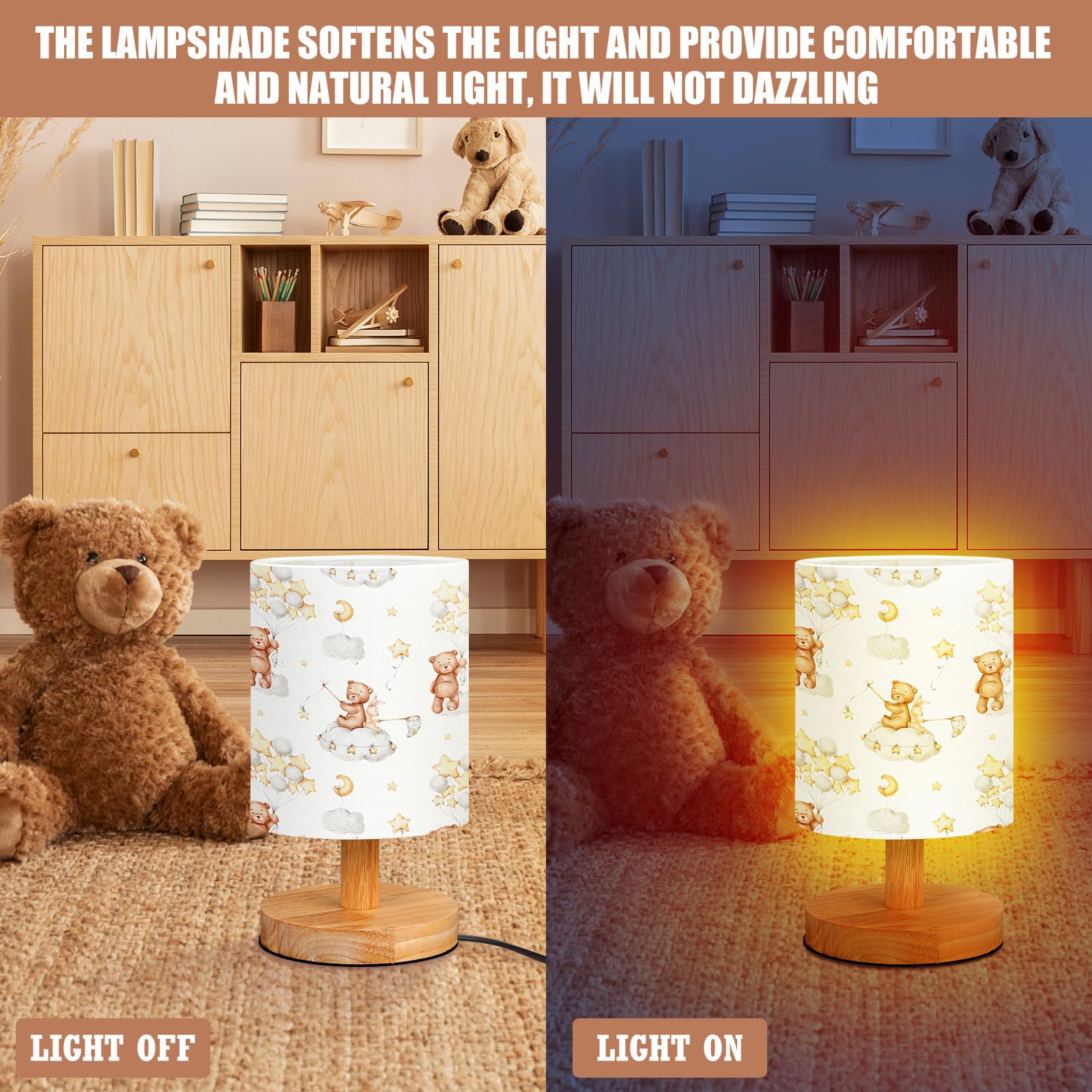 Vihose Bear Table Lamp For Bedroom Kids Bedside Lamp With Linen Wooden Nightstand Lamp Cartoon Nursery Lamp Lampshade For Girls