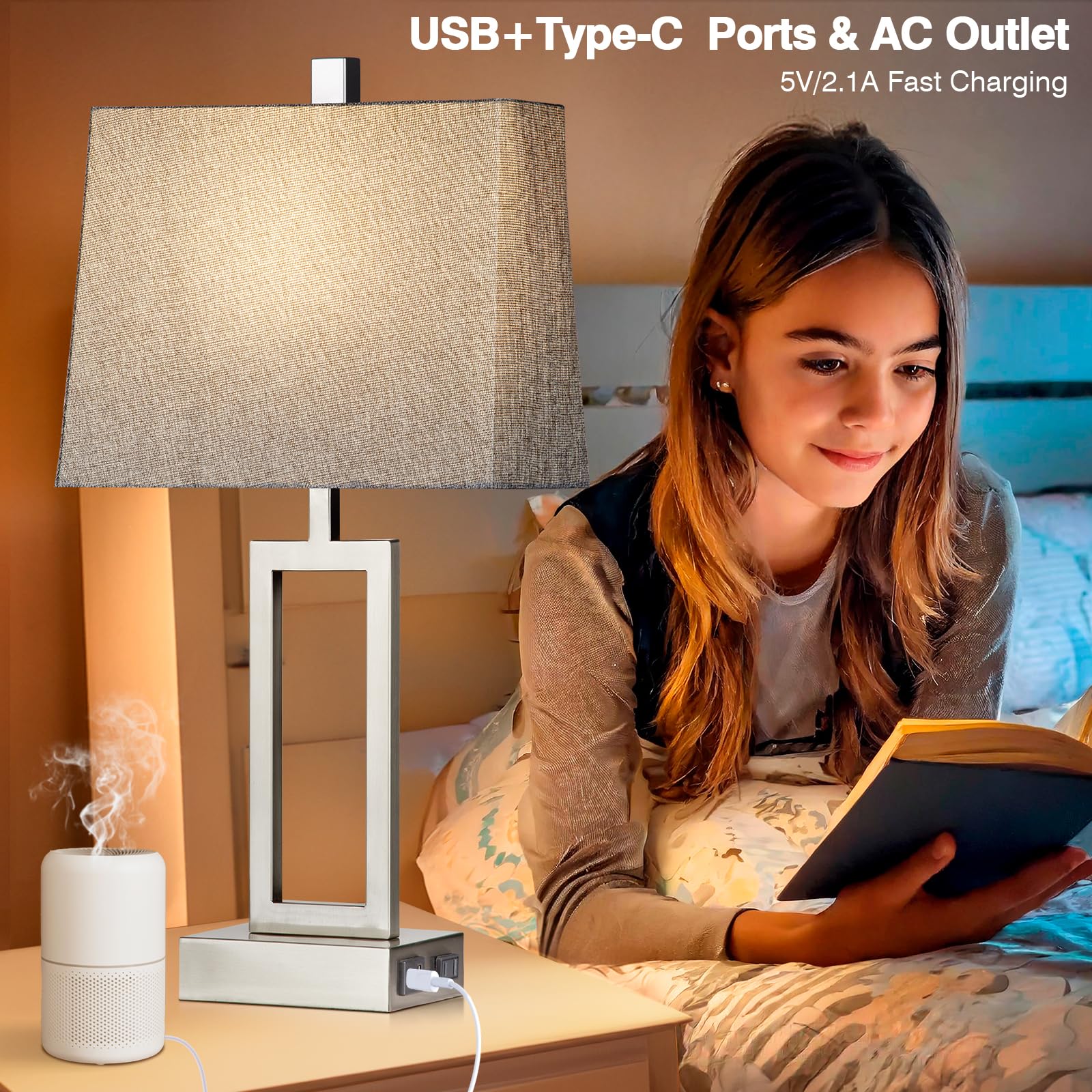 Rinweey Modern Silver Touch Control Table Lamps Set of 2, 3-Way Dimmable, USB A+C Ports, AC Outlet, Large, Durable Metal