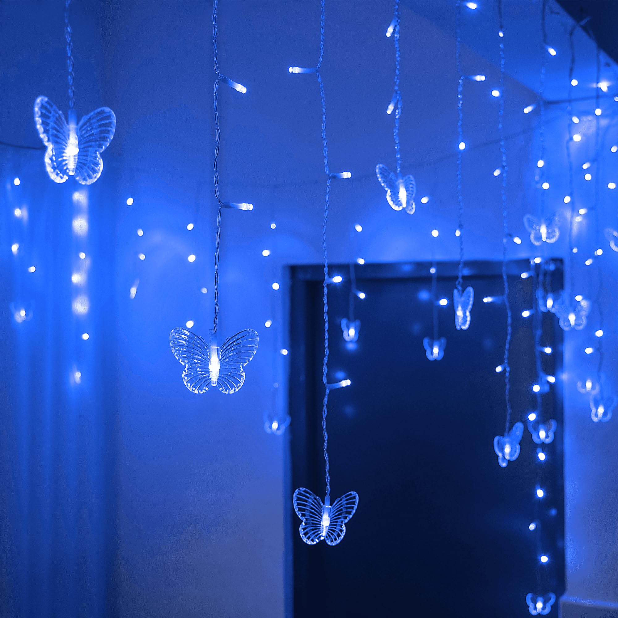 Yolight Butterfly Curtain Lights 13Ft 96 Led Twinkle Fairy Lights 8 Modes String Lights With Remote, Butterfly Hanging Decoration For Bedroom Dorm Wall Patio Party Wedding Halloween Christmas (Blue)