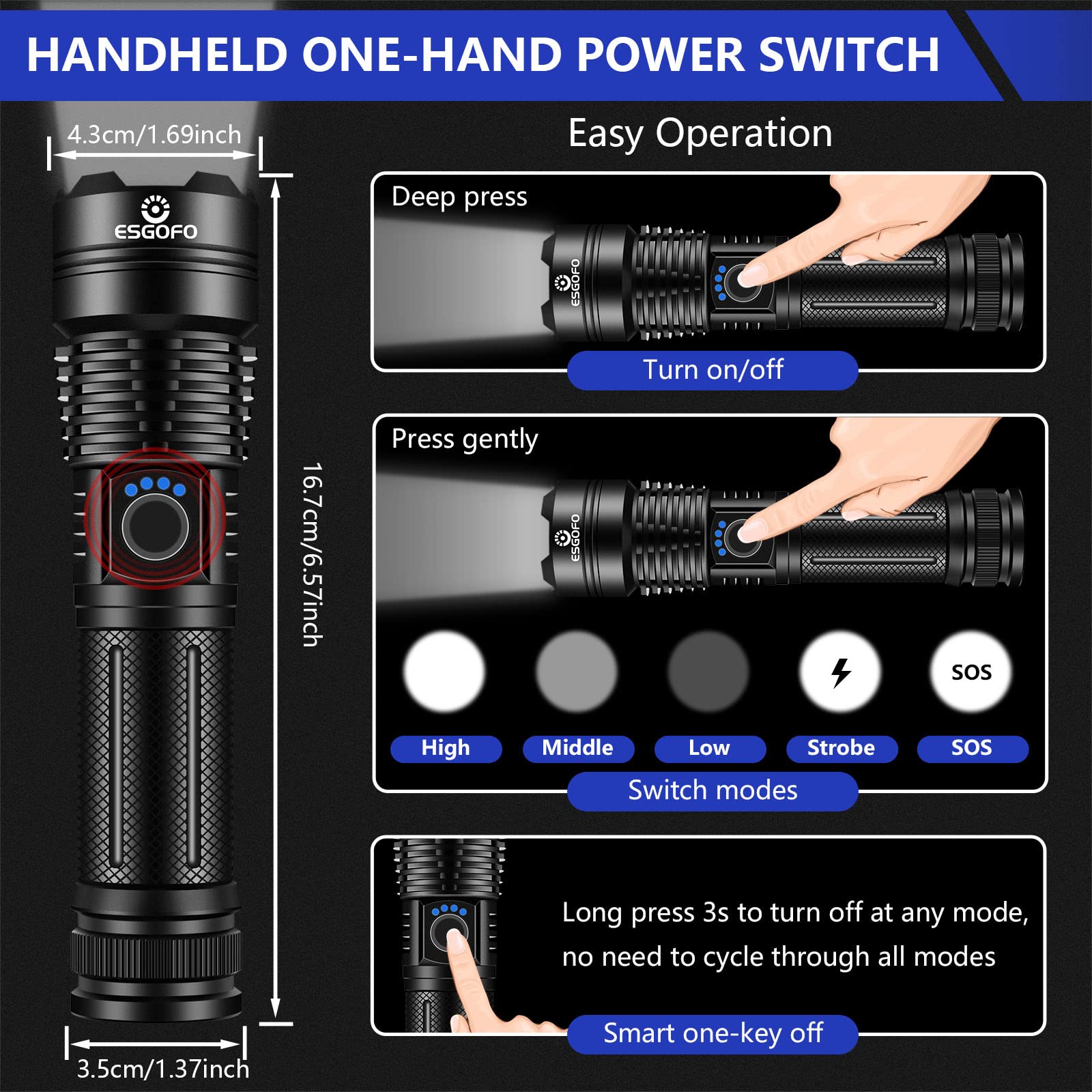 Esgofo X16 Tactical Flashlight - 20000 Lumens, Waterproof, Aluminum, Black, Rechargeable, Ideal for Hiking and Camping