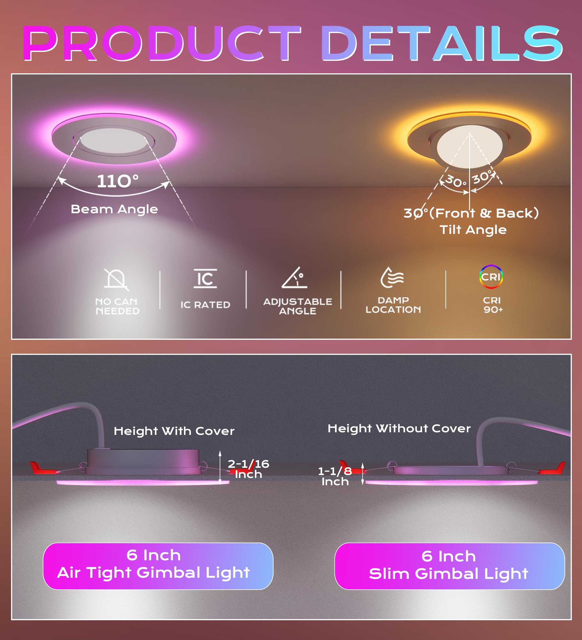 CLOUDY BAY 6 Inch Gimbal Smart Recessed Lighting, 4 Pack, RGBW, 15W, Compatible with Alexa & Google Home, Model CB-4PACK-6IN