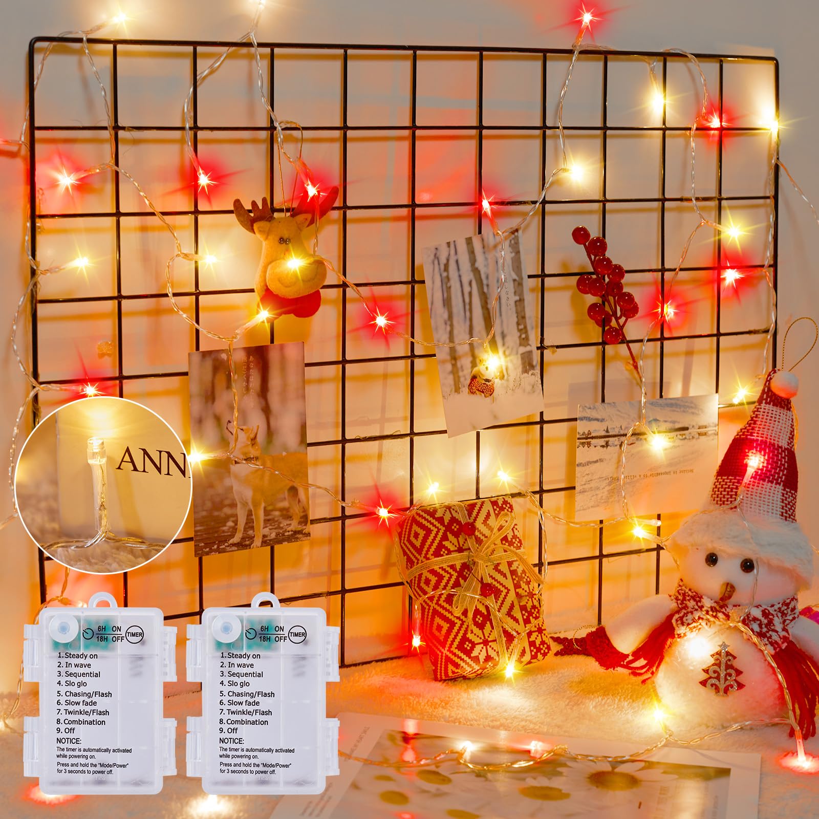 Minetom Christmas String Lights, 100 LED, 33FT, Battery Operated, Waterproof, 8 Modes, Red & Warm White, 2 Pack
