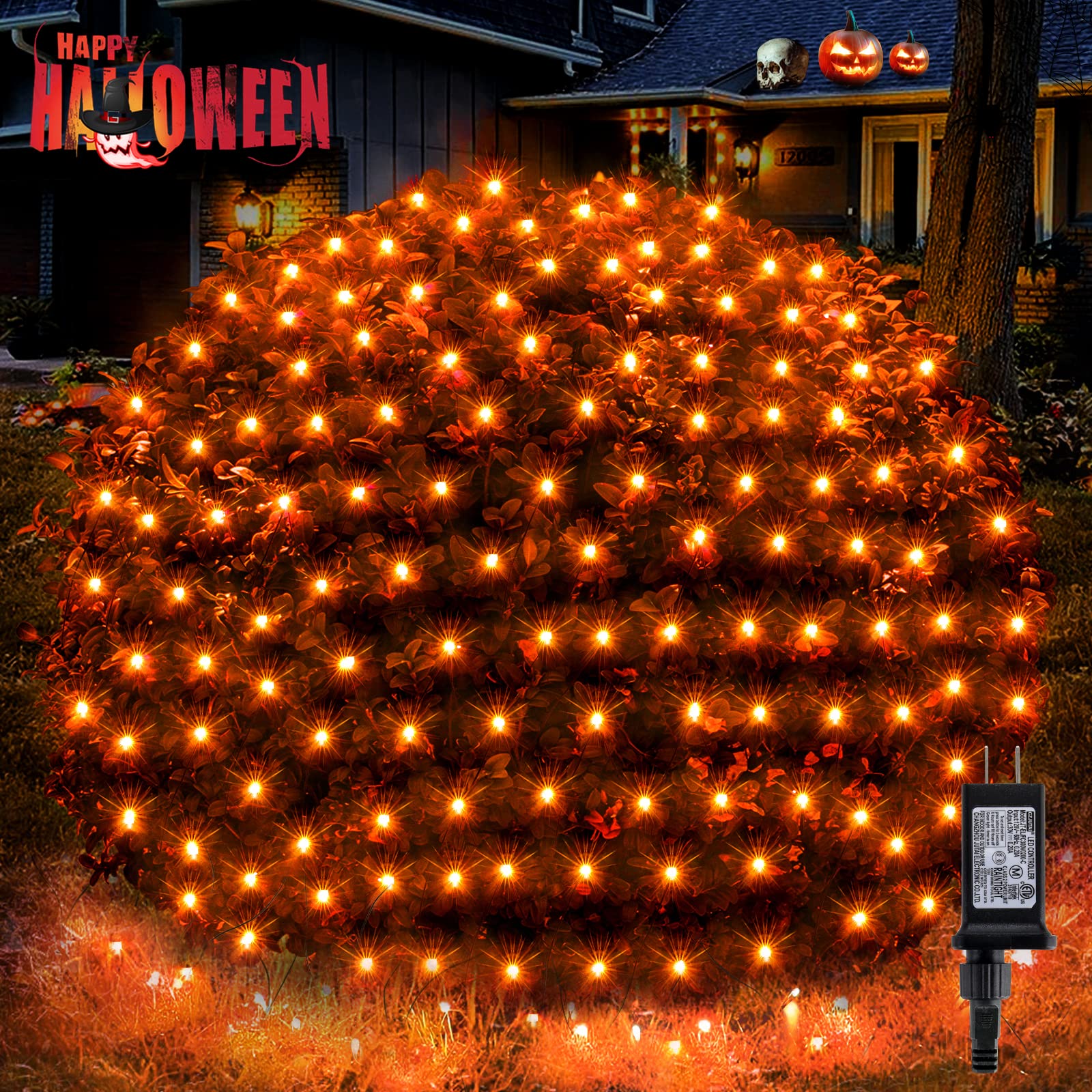 BlcTec Halloween Net Lights, 200 LED, 8.2ft x 4.9ft, Waterproof, Orange, Connectable, Energy-Saving, Green Wire Design