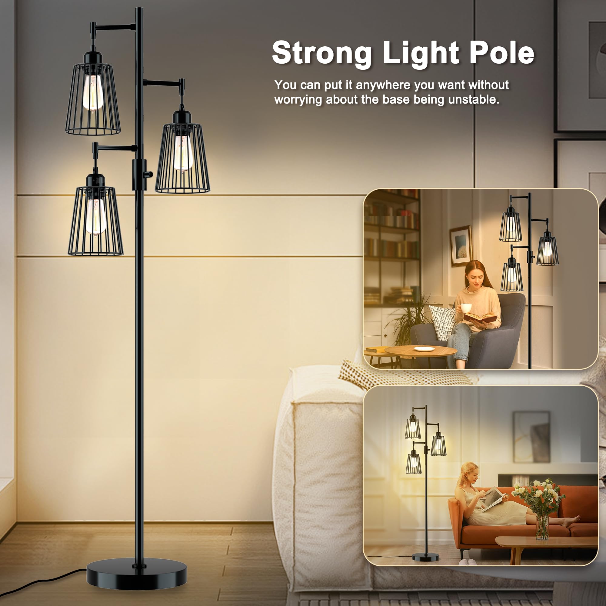 Coff Industrial Floor Lamp, 3 X 1200Lm Edison Led Bulbs Included, Bright 3-Light Dimmable Floor Lamp, Farmhouse Tall Standing La