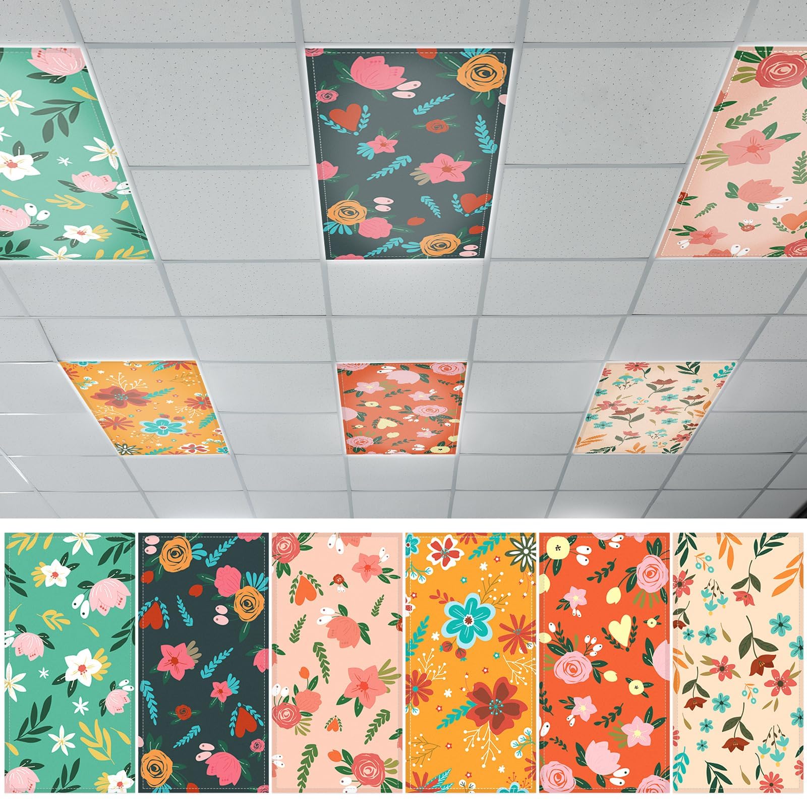 QOUBAI 6PCS Fluorescent Light Covers  4x2 Feet Magnetic Light Cover Fluorescent Lights Shade Panel Positive Inspirational Ceiling Lights Filters for Office Classroom Home Drop Ceiling Floral