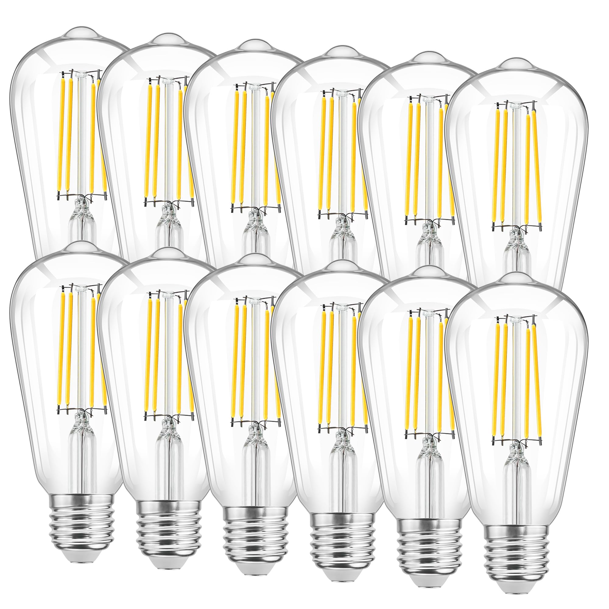 12 Pack LED Edison Light Bulbs, Vintage 6W LED Bulbs 60W Equivalent, St58 4000K Daylight Soft White, Bright LED Filament Bulbs with CRI 85+, E26 Standard Base, 900LUM, Non-Dimmable, Clear Glass