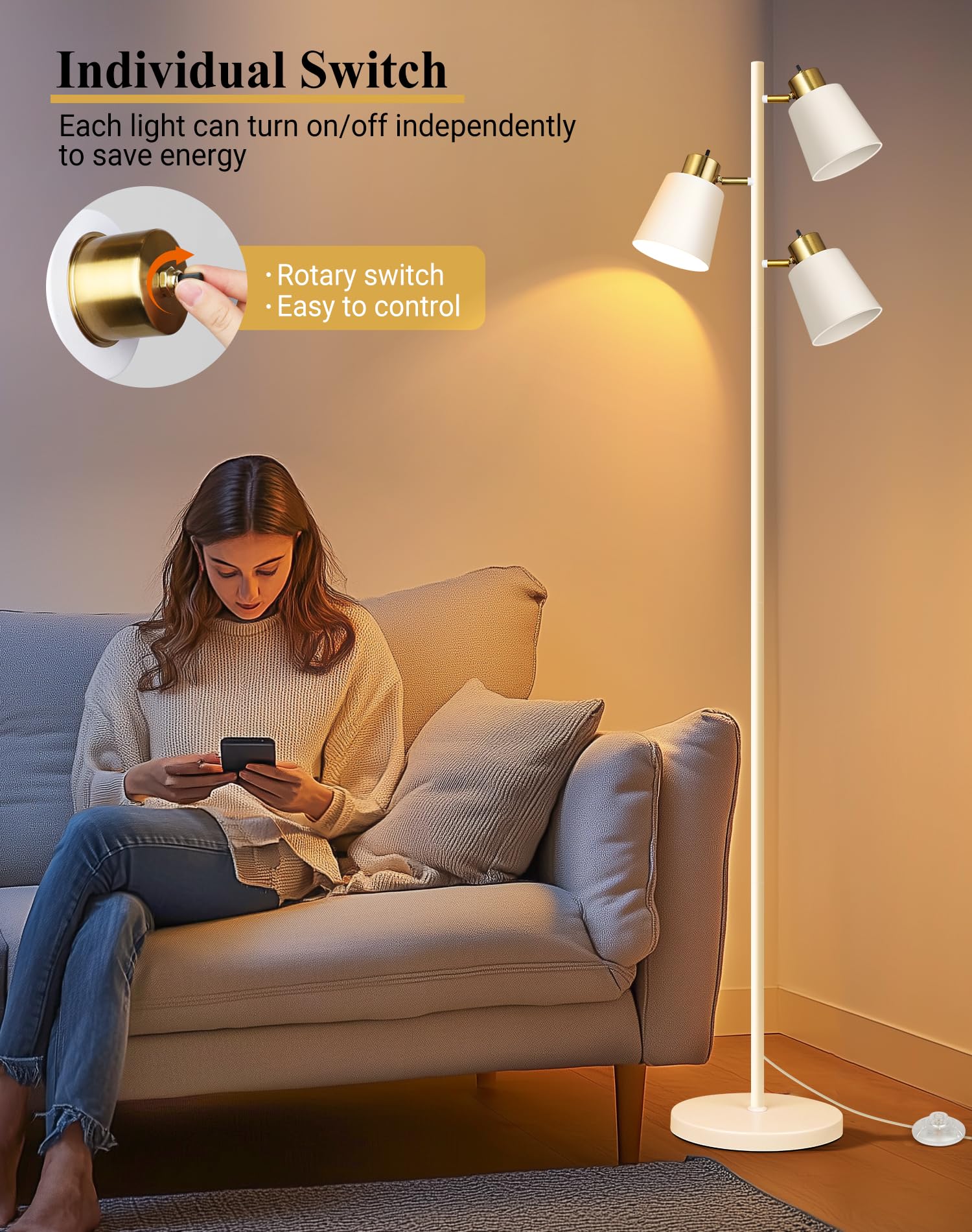 QiMH Modern Floor Lamp, 67" Industrial Metal Design, 3 Rotatable LED Heads, White & Gold, Model STR-FL-0174 for Living Room & Office