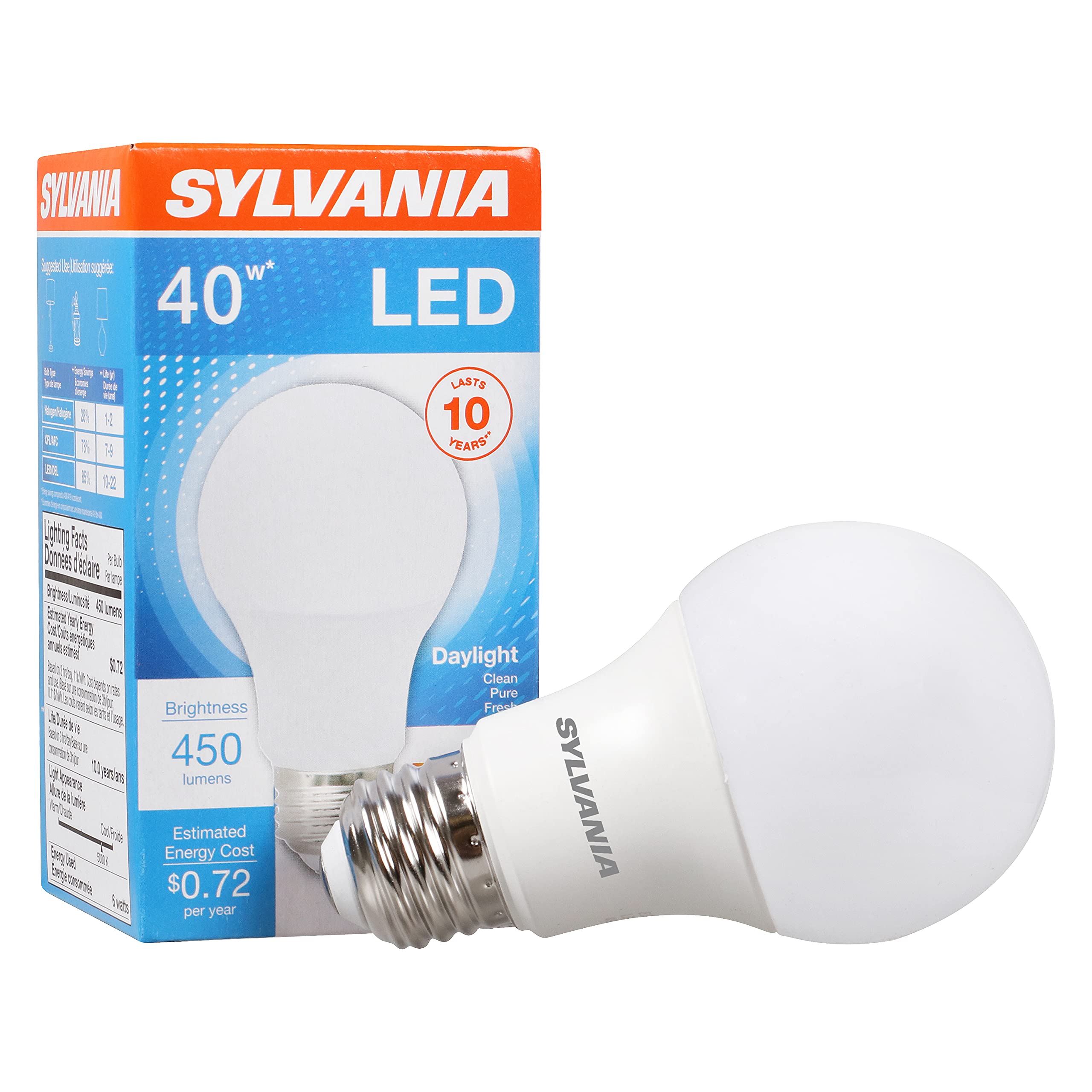 Sylvania Led Light Bulb, 40W Equivalent A19, Efficient 6W, Medium Base, Frosted Finish, 450 Lumens, Daylight - 1 Pack (74080)
