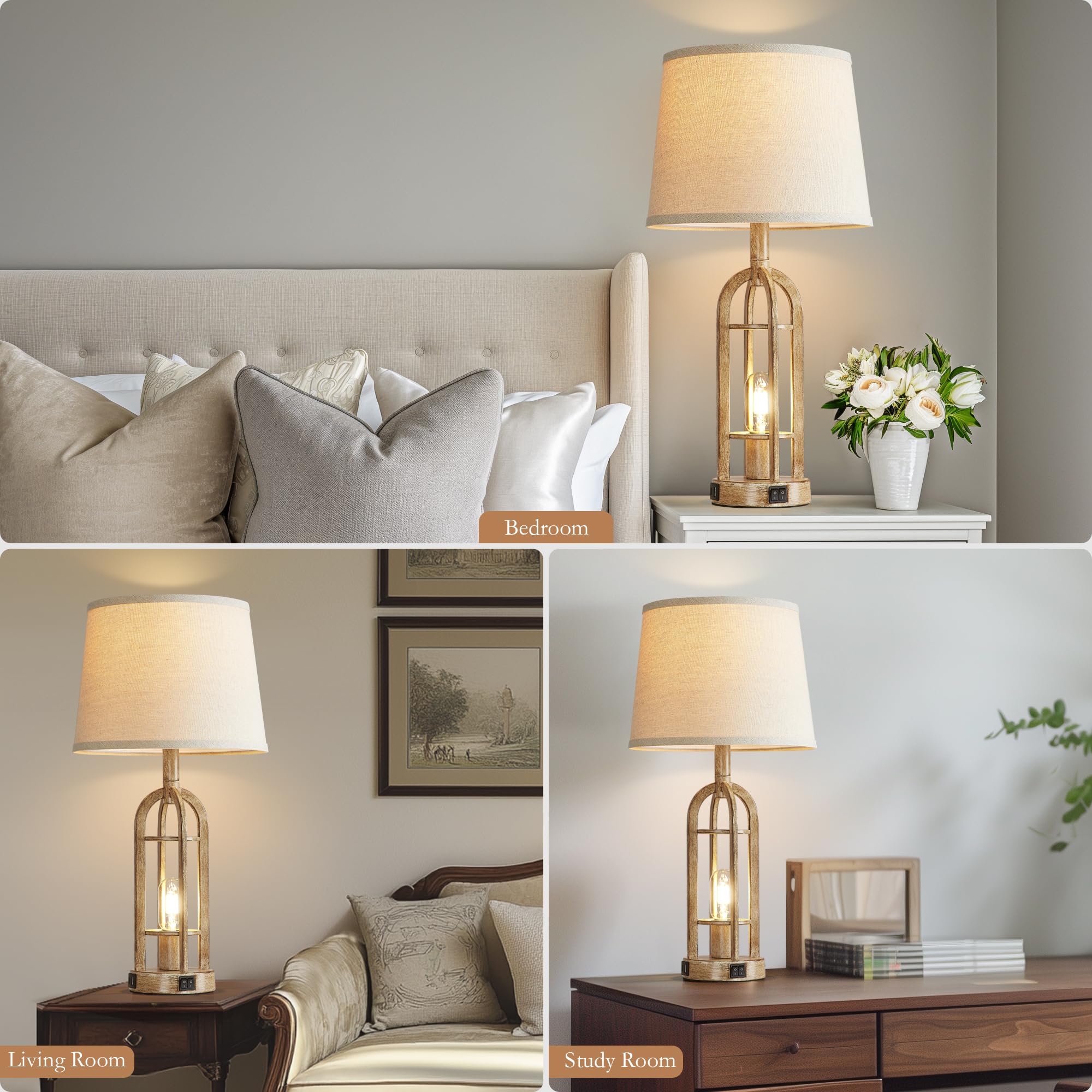 SRJJA Table Lamps Set of 2 - Rustic Wood Bedside Lamps with USB Ports, 24'' Button Switch, 4 Bulbs Included, Model QY_S2227-2T BW